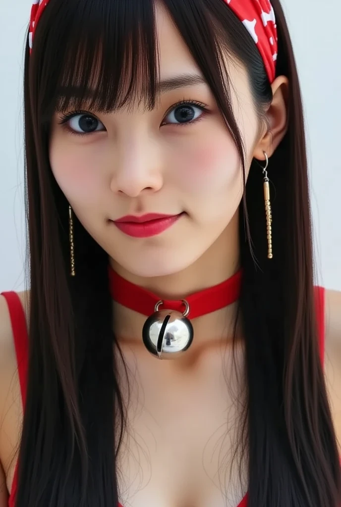 nicely trimmed black hair long hair、cow print swimsuit、 cow-patterned headband 、red choker with big bell,perfect human structure、