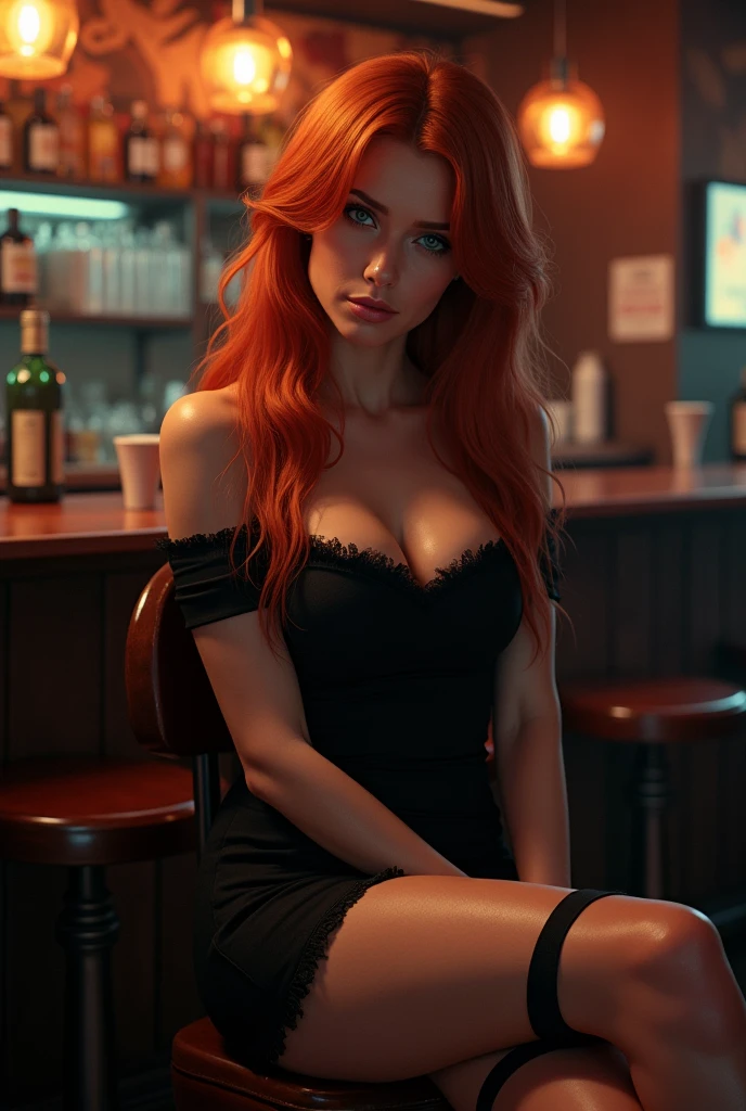 A red-haired woman with the seductive look of emerald green eyes, sitting on top of a bar table with her legs crossed, She wears a black dress with a low neckline and has pronounced curves., She smiles flirtatiously from the side 
