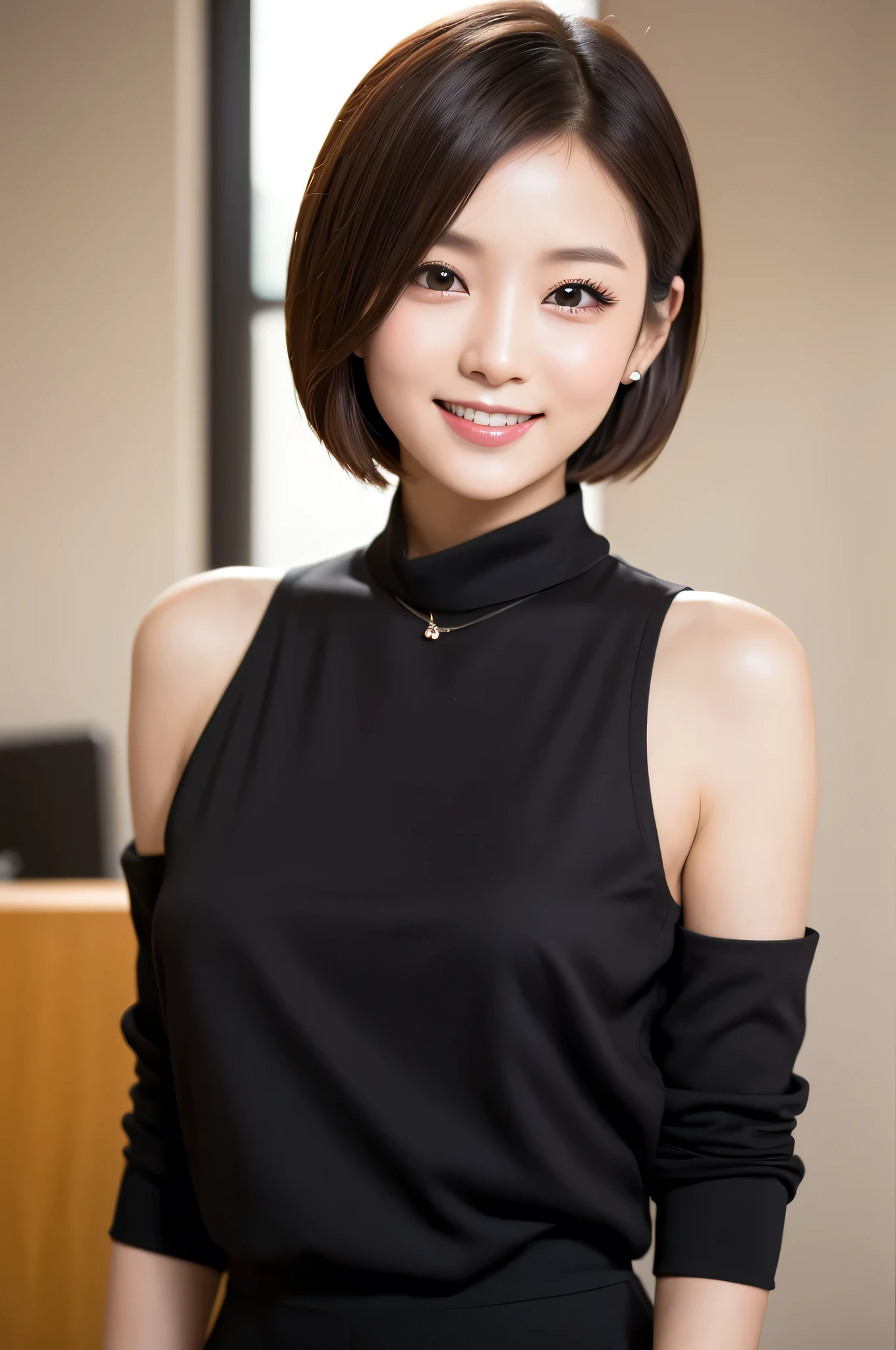 ((best quality、8K masterpiece:1.3))、sharp focus:1.2、(super beautiful face:1.0)、(shiny skin:1.0)、realistic pictures、black haired、video writing、High resolution eyes and face、video writing、(cute korean actress)、from the front、medium to large breasts、smile、No sleeve、The beauty of slender abs、Wearing a tar neck knit、Photographing the entire body、skirt、boots、necklace、bracelet、earrings