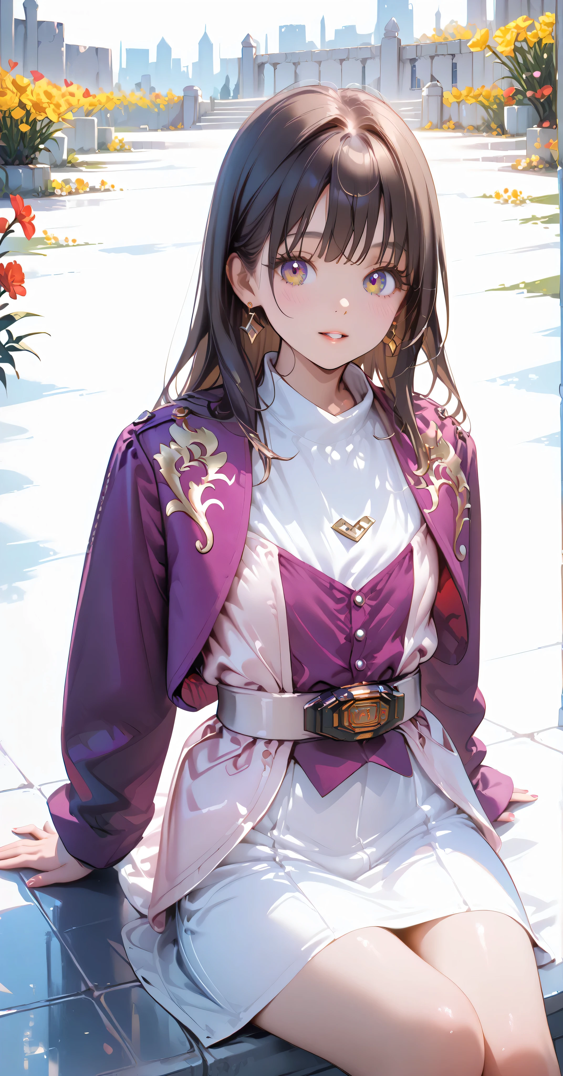(高精細CG), (best quality), Flower Field,1 girl, perfect face, wide hips, Slim waist, , purple bolero jacket,white skirt,long sleeve, Pink Belt, straight and long hair , brown hair, smiles,sit