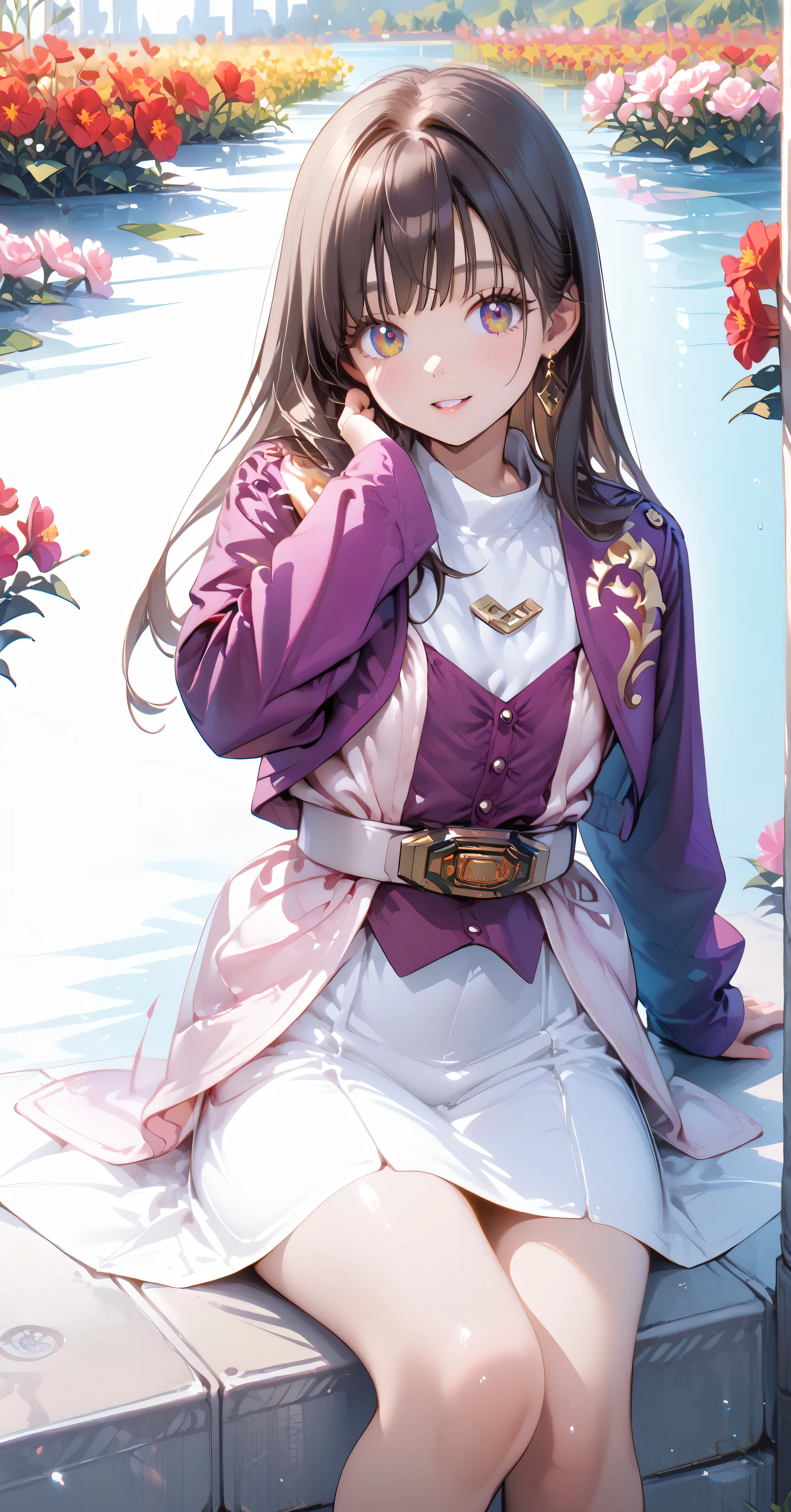 (高精細CG), (best quality), Flower Field,1 girl, perfect face, wide hips, Slim waist, , purple bolero jacket,white skirt,long sleeve, Pink Belt, straight and long hair , brown hair, smiles,sit