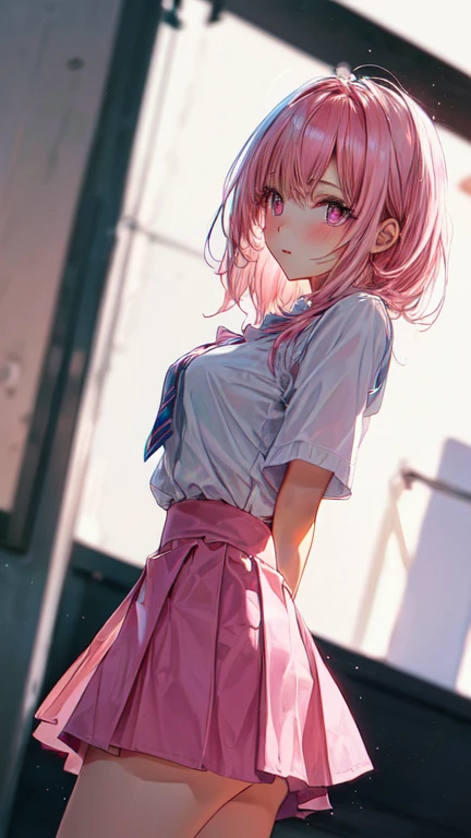 Wearing a skirt, revealing cute thong underwear ,pink