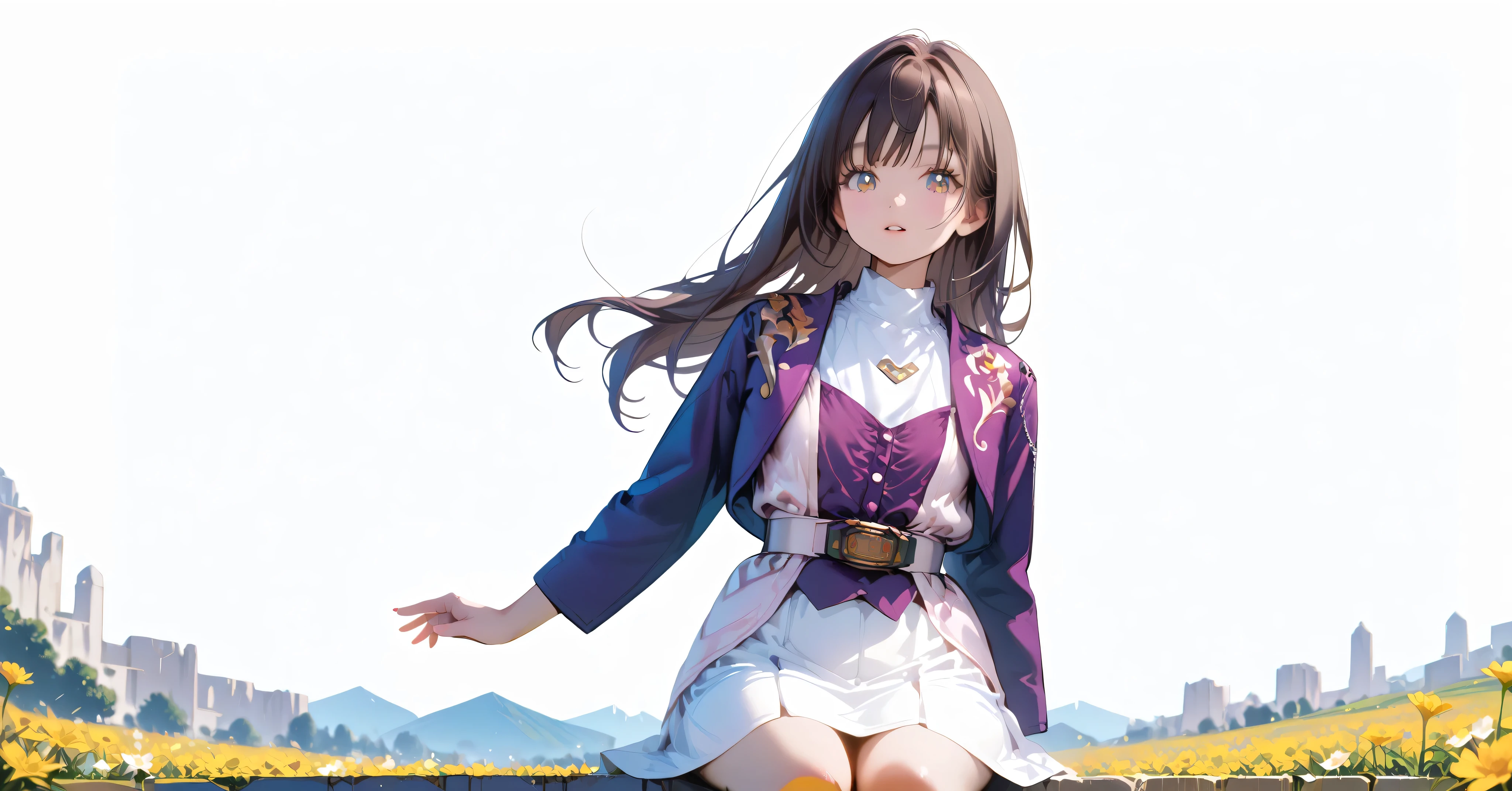 (高精細CG), (best quality), Flower Field,1 girl, perfect face, wide hips, Slim waist, , purple bolero jacket,white skirt,long sleeve, Pink Belt, straight and long hair , brown hair, smiles,sit