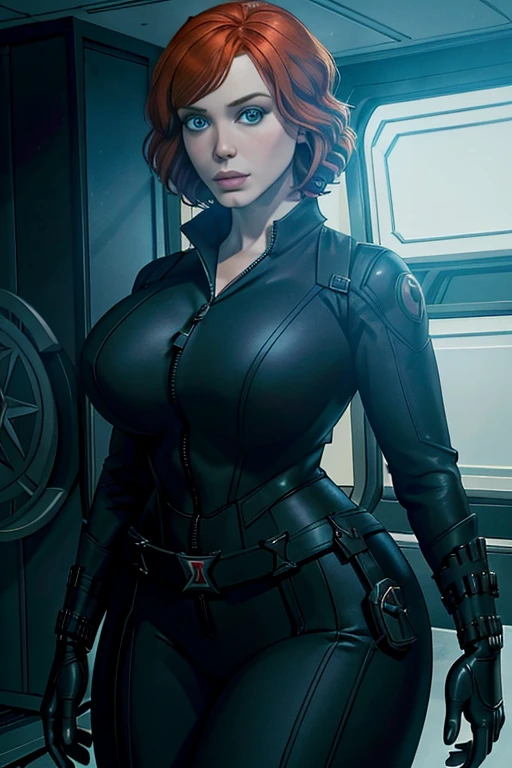 Subject: A photorealistic portrayal of Christina Hendricks as Black Widow from Marvel Comics, standing confidently in her sleek and deadly attire. Type of Image: Photorealistic digital artwork featuring Christina Hendricks as Black Widow Art Styles: Photorealism, showcasing intricate details of Black Widow's costume, weapons, and her intricate details of Christina Hendricks's face Camera: Shot with a medium lens to provide a balanced view of Black Widow's figure and expression. Shot: Full-body shot, highlighting Black Widow's agile stance and poised demeanor. Render Related Information: High-resolution render (4K) with meticulous attention to detail in Black Widow's costume texture, weaponry, and facial features.