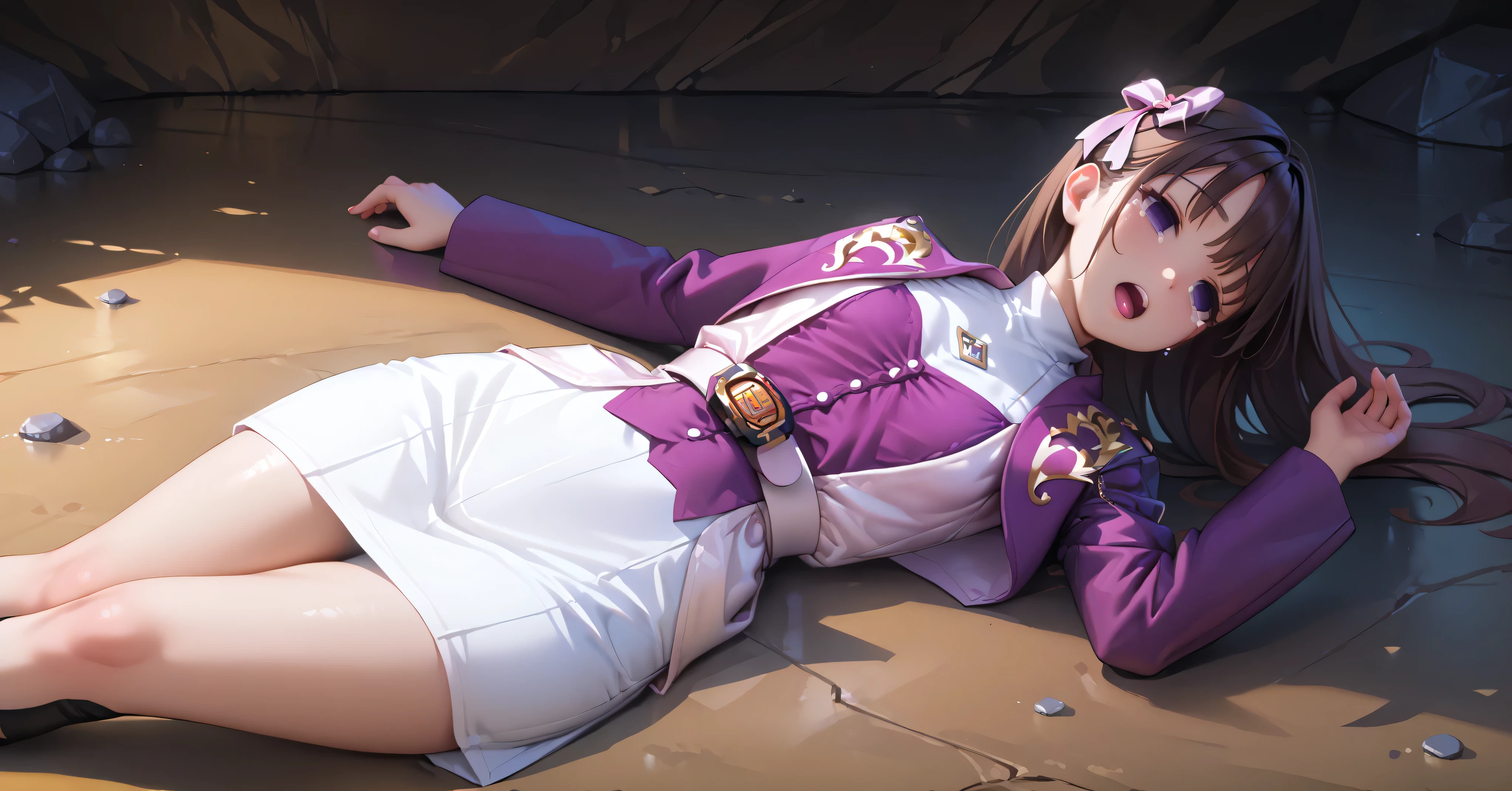 (高精細CG), (best quality), IN THE CAVE,1 girl, perfect face, wide hips, Slim waist, , purple bolero jacket,white skirt,long sleeve, Pink Belt, straight and long hair , brown hair, ((( empty eyes ))),crying,opening mouth,lying on the ground on your back,