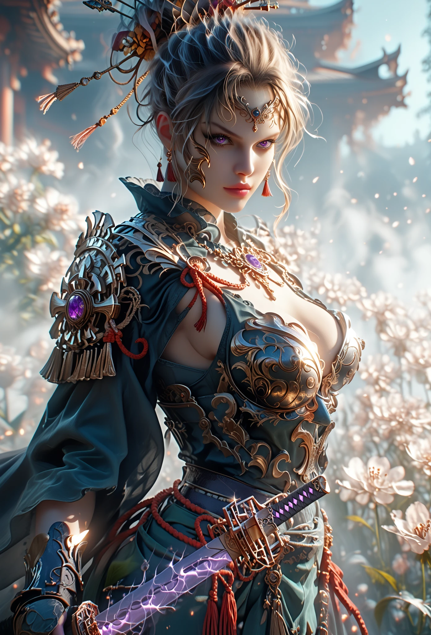 A brave and noble panda Girl samurai warrior, wearing highly detailed white samurai armor, wearing a sashimono war flag on his back, sengoku period, highly detailed background, cherry blossoms blowing in the wind, perfect masterpiece, high quality, high resolution, Full body photo of Chinese girl，huge-breast:1.7｛Slim body:1.3｝｛intricately details、depth of fields、Sexy adult woman、with short black hair，Sexy body, Raised sexy，Photorealistic rendering，Black ，pink areolae, lace,