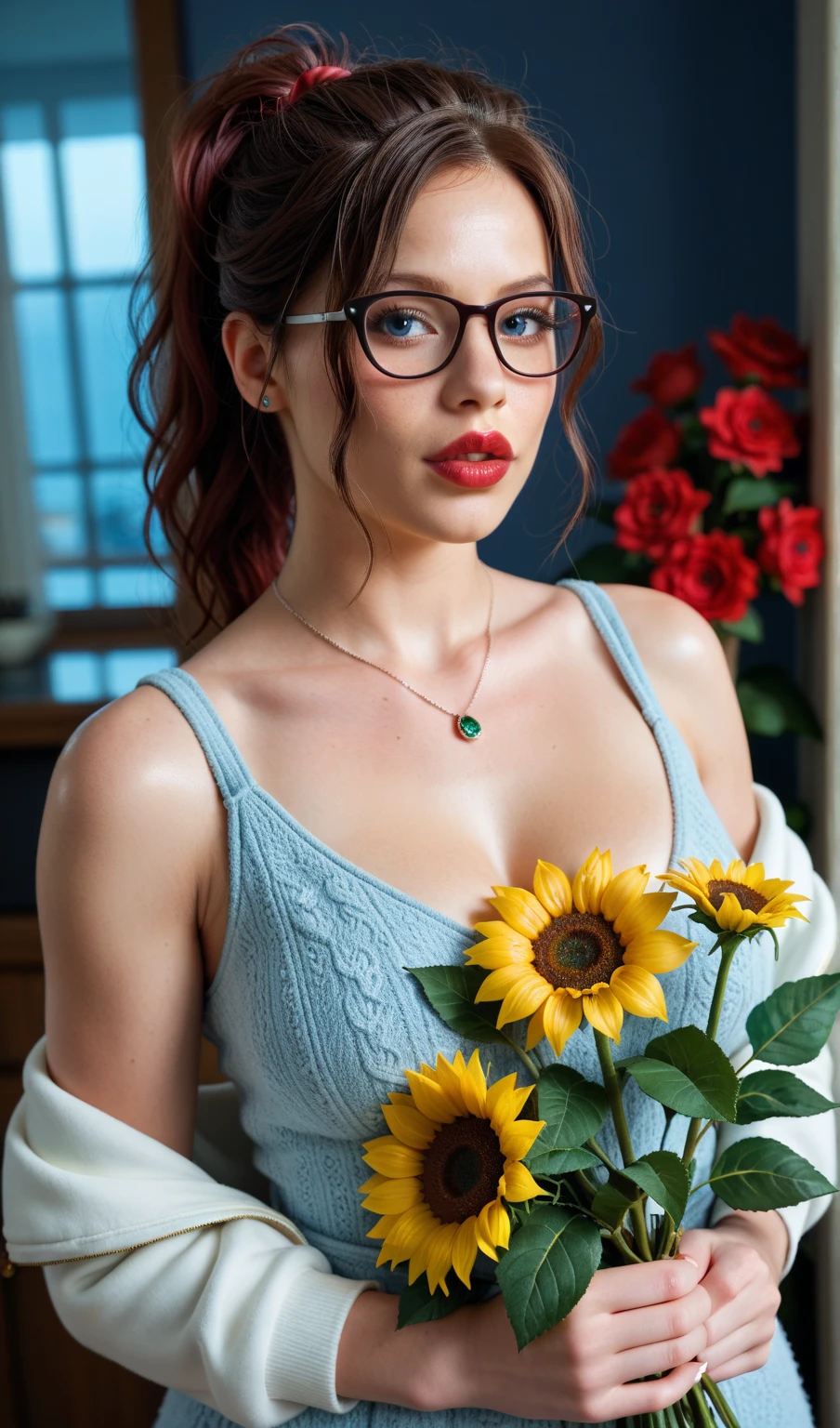 orange hair, beautiful eyes, young girl, round glasses, 1girl, freckles, medium hair, high twintails, dynamic pose, country dress, bare shoulders, hair ribbon, earrings, outdoors, garden, sunlight, day, bush, hand between legs, from above, round breast and squishy, nipples piercings, thighhighs, grass, flower, rose, cleavage, blush,