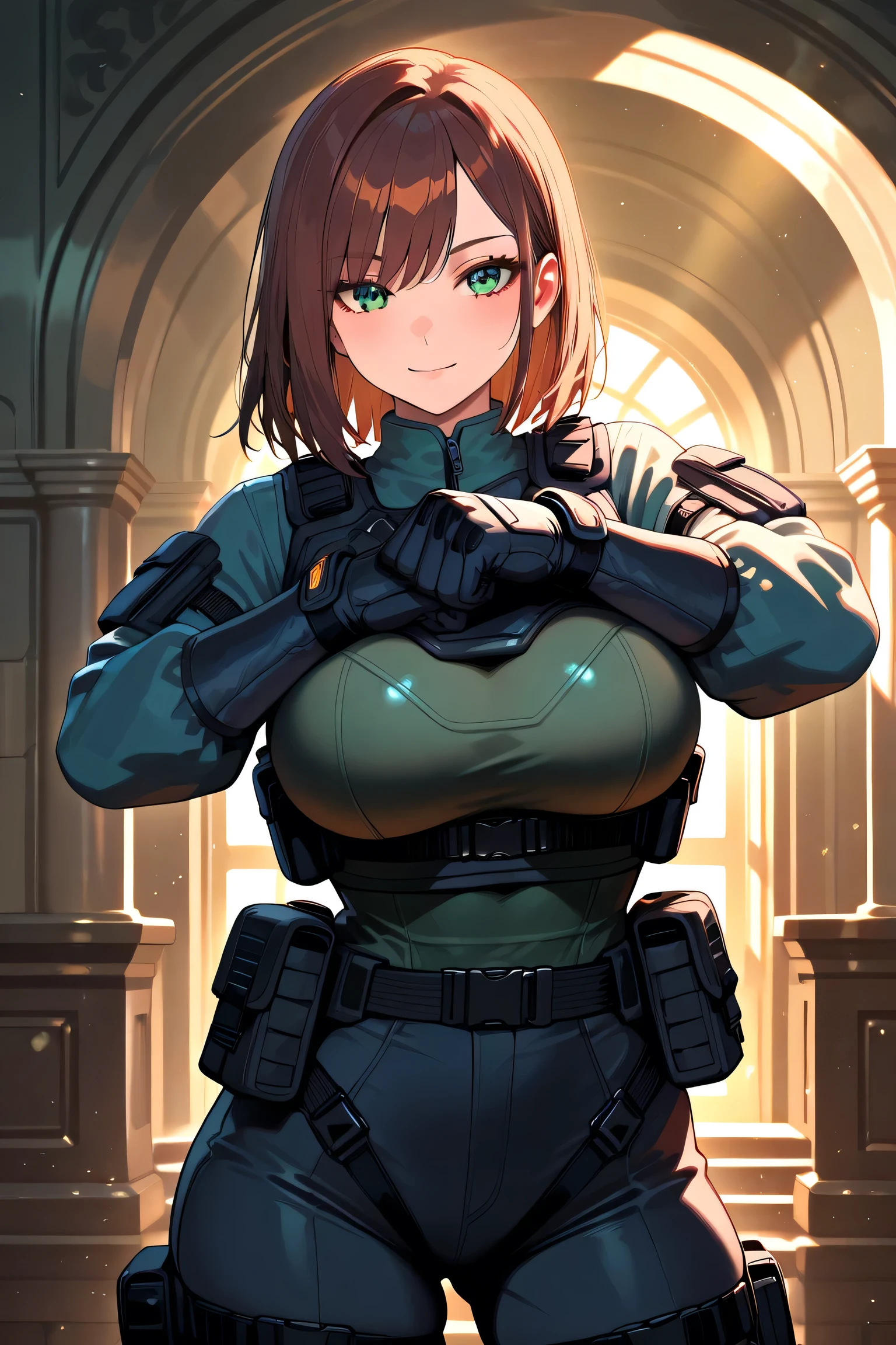 Focused shot, calm battle stance, relaxed action pose, gentle and caring expression, green eyes, medium-length thick brown hair, full face visible, no mask, tactical vest, armor, tactical gloves,, very large breasts, beautiful and soft lighting, dramatic light, high quality, ultra high resolution, sharp focus, dynamic composition, soft smile,, nurturing aura, calm color palette, frilly details, cute but strong, artistic background, masterpiece, 8k