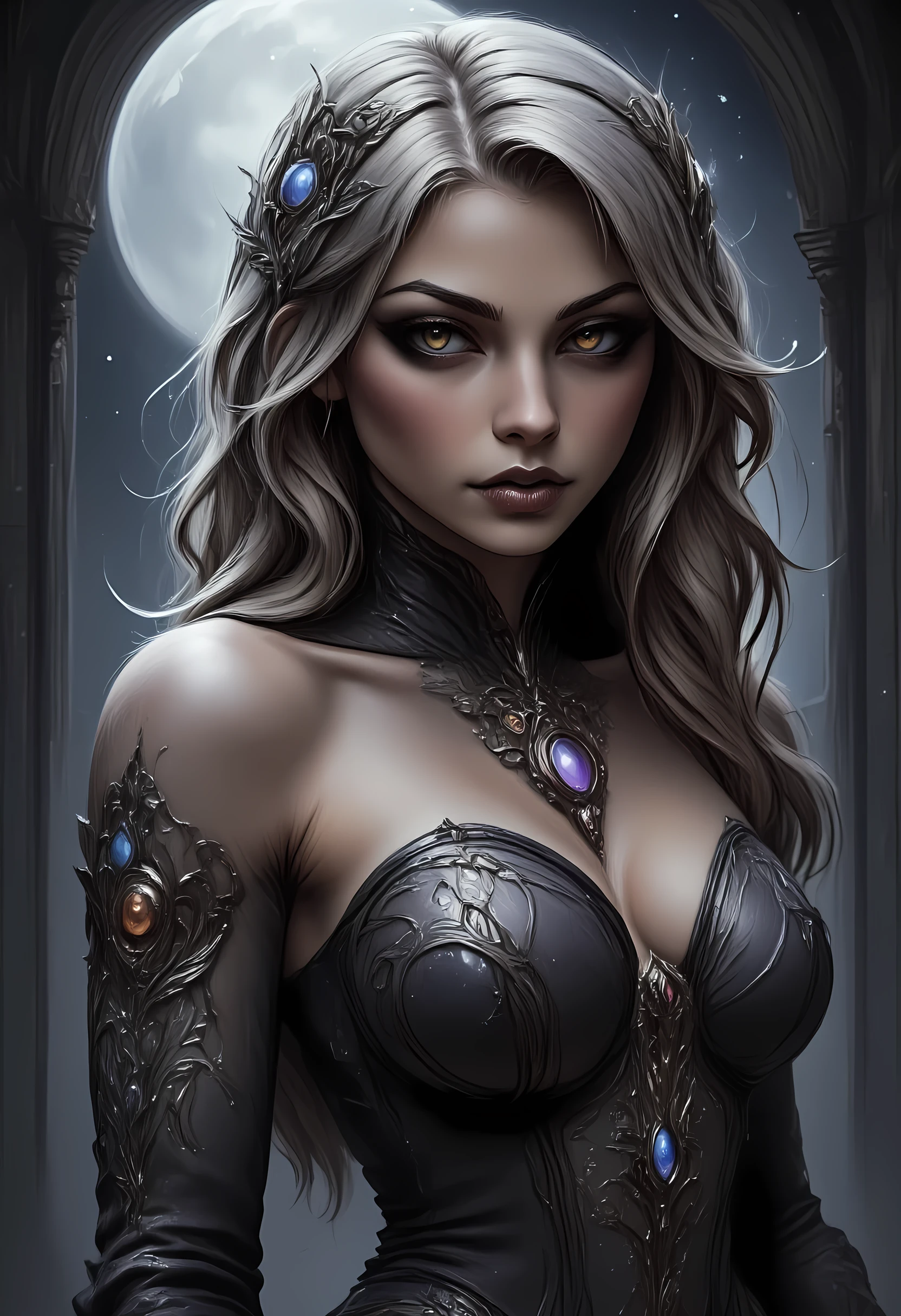 a picture of an epic beautiful female vampire, ghostly beauty,  wearing transluminescent dress, black silk dress, intricate dress, transluminescent dress, transparent dress, red sleeves, epic beautiful female vampire, pale skin perfect body,  ghostly beauty, serene beauty, lush hair, long hair, red glowing eyes, vampire fangs, stars entwined in the woman's hair, light caress the woman, moon light caress the dress, fantasy art, night time, the moon rises, creating award winning, photorealism, depth of field, hyper realistic,  zavy-ctcmcs, Celestial Fantasy, dnddarkestfantasy, Art Deco, hyp3rd3tail style, Ethereal Gothic Elegance
