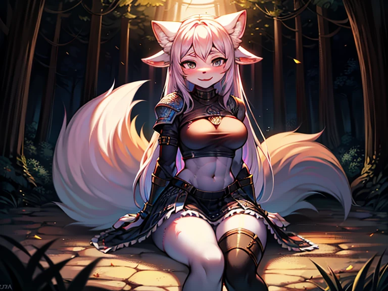 ((best quality, masterpiece, perfect anatomy, detailed picture)), furry, 1female, , two tone fur, black body, grey fur, sexy, long white hair, ponytail hair, fluffy feline tail, yellow sclera, tribal tattoo, ear rings, red blushing, shy, in the ruins, portrait, illustration, eclipse landscape add_detail