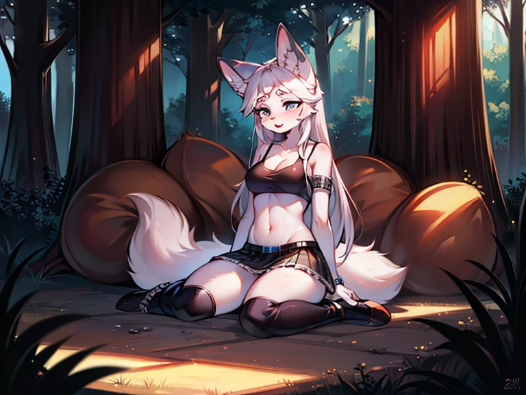 A she-wolf, female body, furry, athletic body, in a forest, panties and bra made of leaves, open their legs, (extra_details), nude pussy, full body 