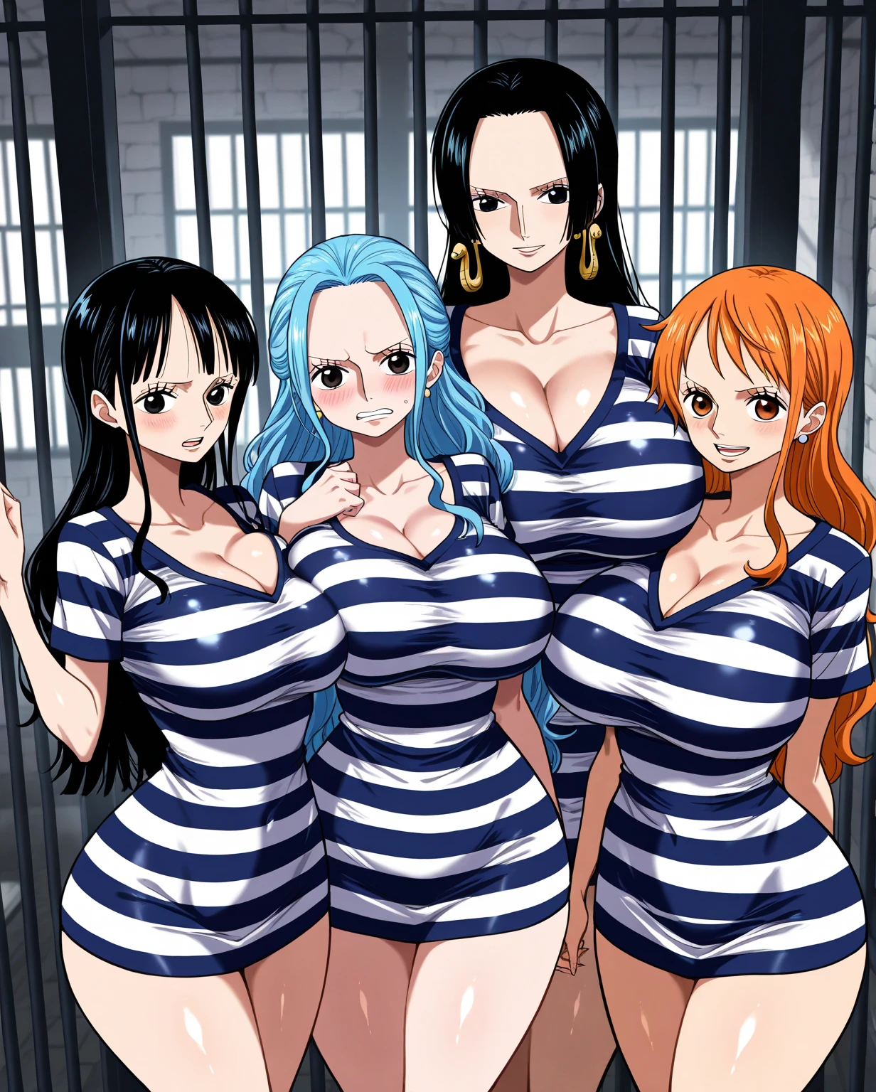((Two sexy girls ,Improve))Browsing Caution,glamorous, Sensual, prison ,evil smiling,((striped one piece swimsuit))