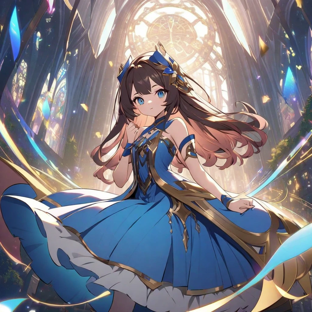 In the middle of the war, a princess uses her magic to protect her allies, and empower her troops. Her aura glows admist the darkness of the war as she prays, girl with long brown hair, an elaborate light blue ballgown, light blue eyes, long white embroidered gloves, a princess's tiara, enormous puffy sleeves, golden embroidery, flower details, long train, lots of lace and frills, a white ribbon in her hair, a royal cape, jewelry, reaching out towards you.