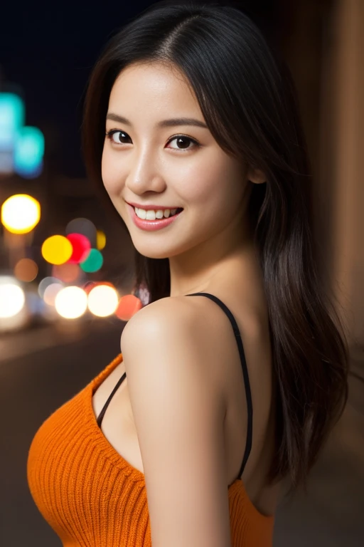 Highest resolution, 4K, Masterpiece: 1.3), A Japanese milf, photo of one lady, Sexy: 1.1, fine eyes, Slender figure, Realistic teeth, double eyelids, full body, best quality, detailed, beauty, a married woman, night, illumination, at the city
