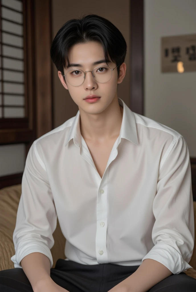 a korean boy, con foxy eyes, skinny, white, Sitting, Korean style black hair, con gafas y un camison white que le marque los musculos, handsome, And that his muscles can be seen