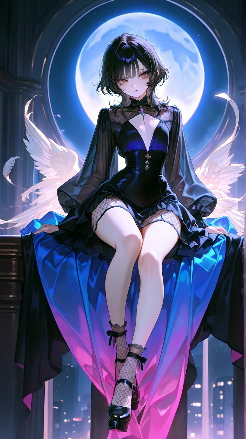 Being a girl。short silver hair。The girl is facing the front。Legs sitting on the side。One leg is on the chair。One is on the ground。Wearing black clothes。Angel wings grow from behind。Be colorful。The presence of the moon between the wings。top-quality。filigree