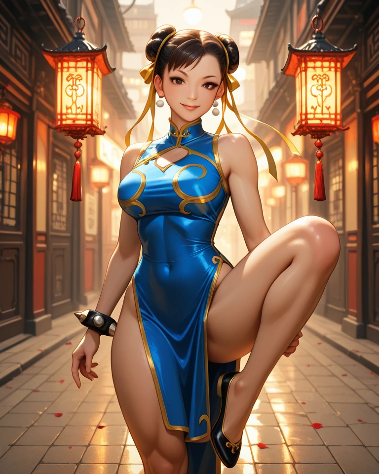 top-quality, Slender beauty, poneyTail, Brown hair, ((Chun-Li blue Chinese dress), ((Brown pantyhose)), Beautiful Large Breasts, Chinatown, is standing, kicking, A big smile, thic strong thighs