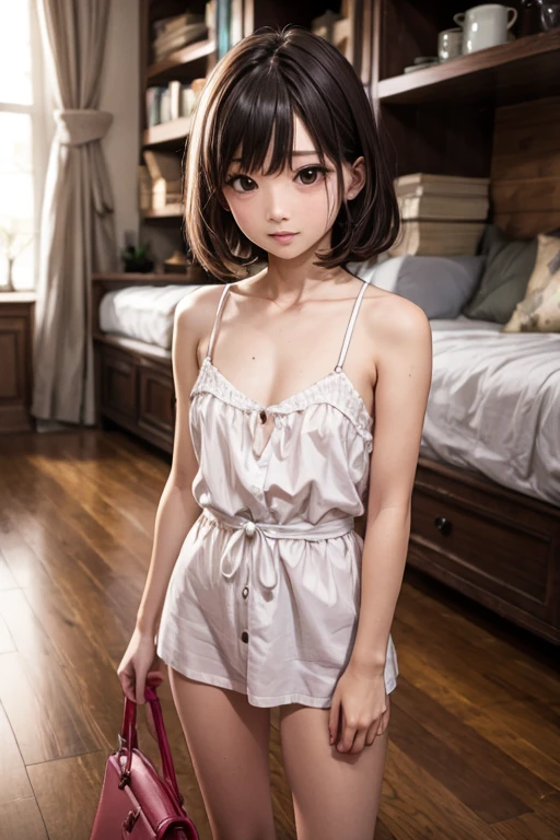 Cute ，Barefoot，Tummy down，head looking up，Raise your feet，shift dresses，white  panties，largeeyes，Anime cute face，