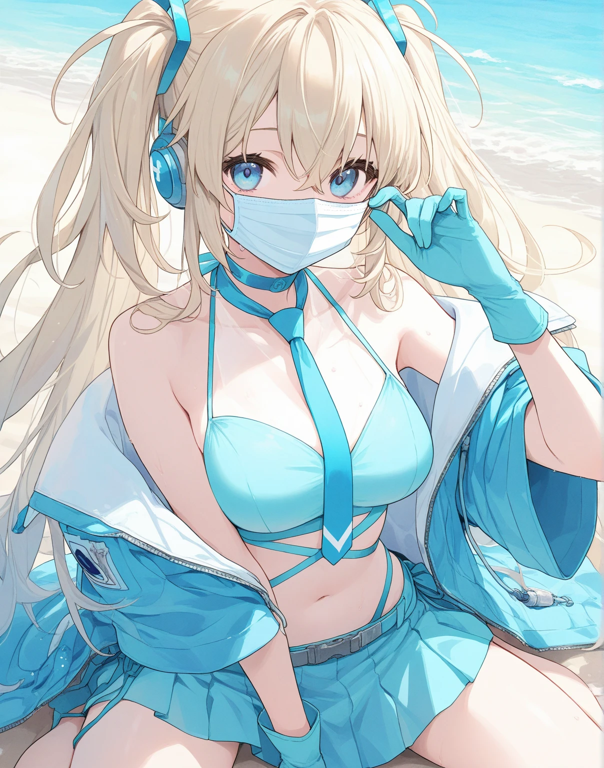 1 girls, (detailed light blue eyes, lange wimpern, detailed beautiful face:1.2), 4k quality, twintails, zwei Seiten nach oben haare, (Long blonde hair:1.5), (arms behind back:1.3), (big breasts:1.6), (blushing:1.3), long hair, hair between eyes, (White skirt, skirt lift, White bikini, White printed wet loose crop top, 18 years old:1.5), (bondage:1.3), erhobene Augenbrauen, pralle Brüste, OTN, White Gag, gagged, (liegend auf dem rücken:1.5), (laying on a Sunny beach near water in the sand:1.6)