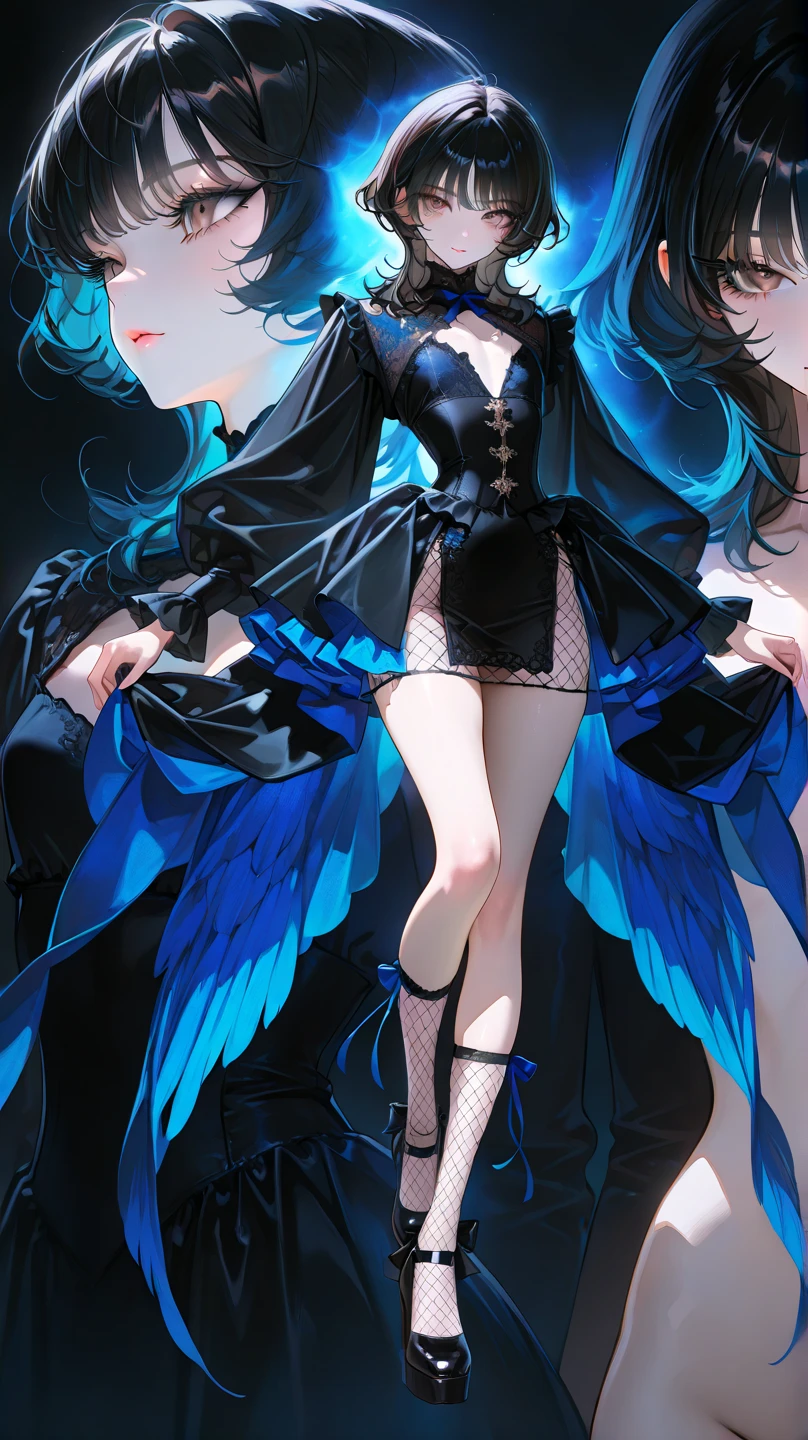 Best quality, (Masterpiece:1.35), the wallpaper, (illustration), Original,(Depth of field), (1girll:1.35), (Solo), full body, Dynamic,Blue eyes, Detailed eyes, Peacock wings, [Peacock feather gorgeous dress:(Peacock feathers):0.65], (Disheveled hair), colored tips, Colored inner hair, jewelry, Intricate filigree, Feathers on dresses,voluminetric lighting, jungles, Tyndall effect, Peacock feathers, Halo