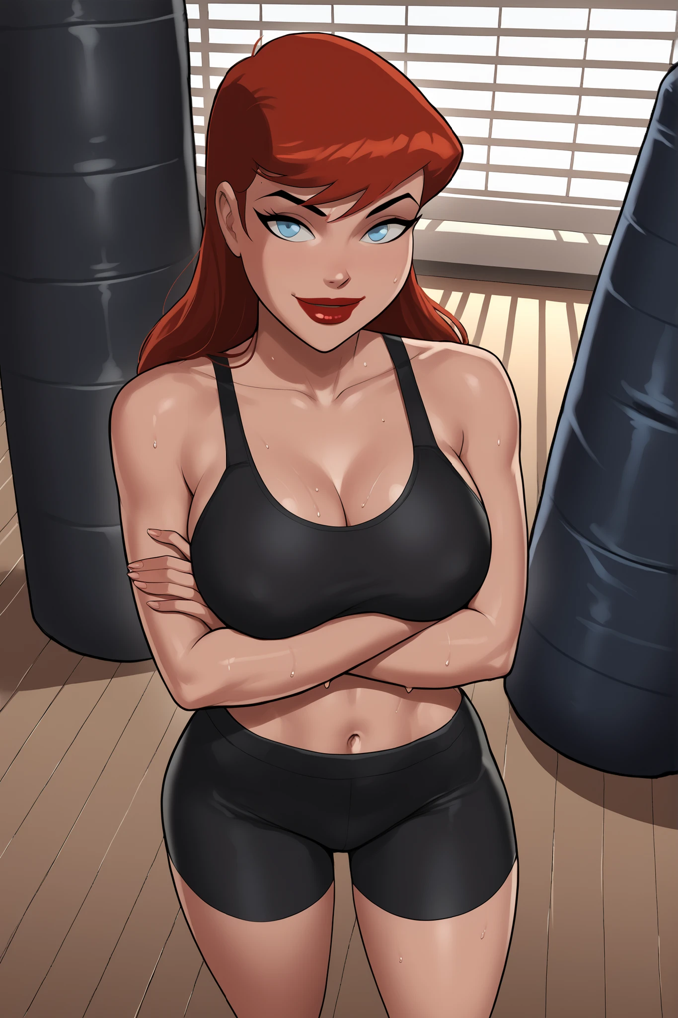 1980s (style), retro artstyle, source_cartoon, score_9, score_8_up, score_7_up, score_6_up, ((zPDXL2)), (cartoon, highly detailed, masterpiece, absurd resolution, perfect anatomy), cowboy shot BREAK barbara gordon, long hair, red hair, blue eyes, solo, ((looking at viewer)), bright red lipstick, makeup, black racerback sports bra, black spandex shorts, large breasts, curvy, athletic, standing, indoors, gym, punching bag, happy expression, smiling, closed mouth, arms crossed, crossed arms, high-angle view, sweaty, sweat drops