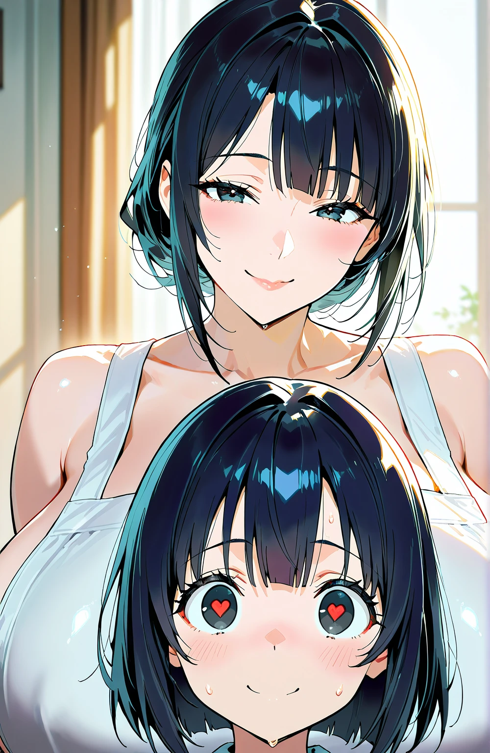 Two people with short black bob hair、Pure white micro bikini、Flat chested and busty、Sisters、The two of them pee a lot、library、Sima Miyuki