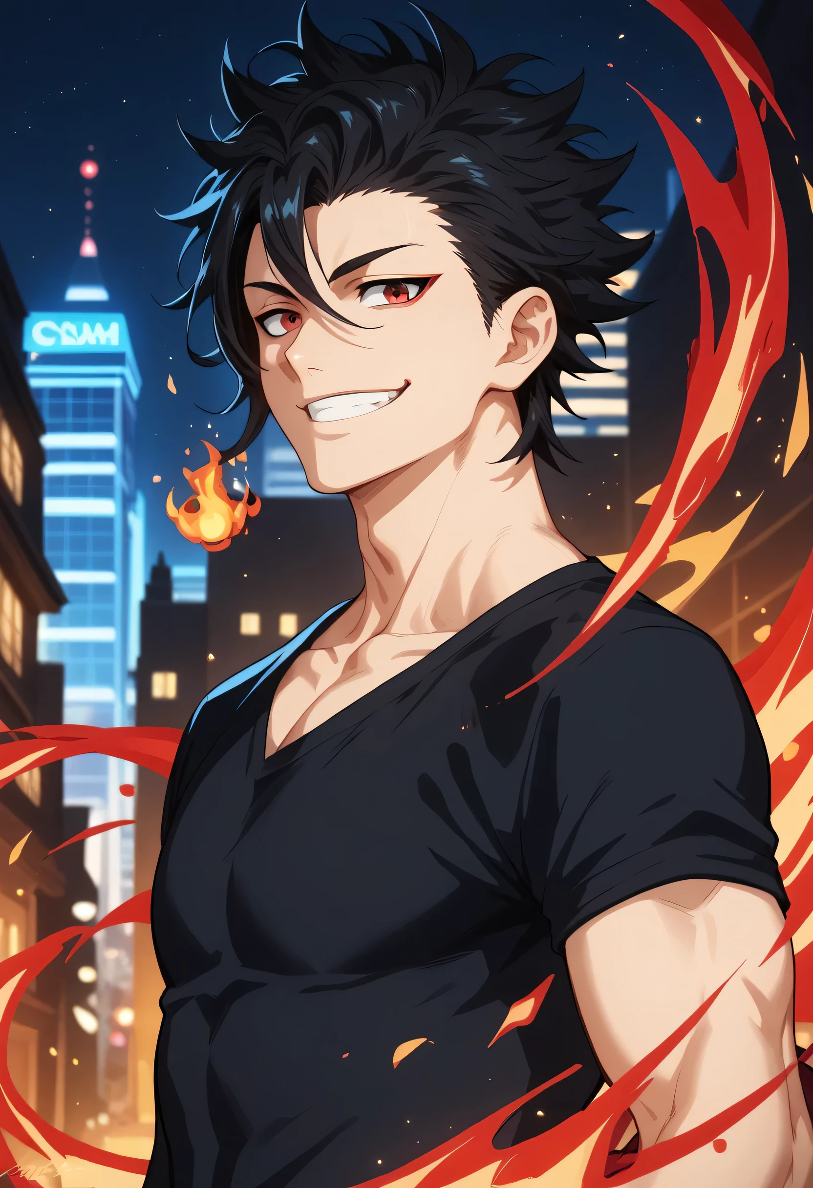 black hair, man, red eyes, white skin, strong, strong physique, black shirt, focus on character, city in background, night, smiling, cheerful, messy hair, looking at viewer, anime style, young, athletic, wizard, Gojou satoru, Magic, Red magic, red Magic, dragon, Magic dragon, dragon Magic, Dragon Monster, Dragon, Red dragon, Fire, side view