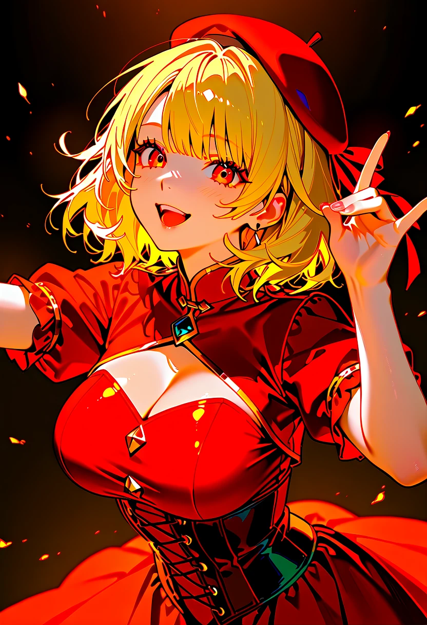 best quality, masterpiece, highres, solo, {miyashita_ai_loveliveschoolidolfestivalallstars:1.15}, blonde_hair, yellow_eyes, bangs, sidelocks, smile, breasts, medium_hair, orange_eyes, ponytail, hair_ornament, braid, 1girl, cleavage, flower, hair_flower, jewelry, midriff, navel, star_\(symbol\), tattoo, bracelet, black_shorts, medium_breasts, short_shorts, shorts, belt, collarbone, epaulettes, gyaru, heart, heart_tattoo, nail_polish, one_eye_closed, orange_nails, star_hair_ornament, stomach_tattoo