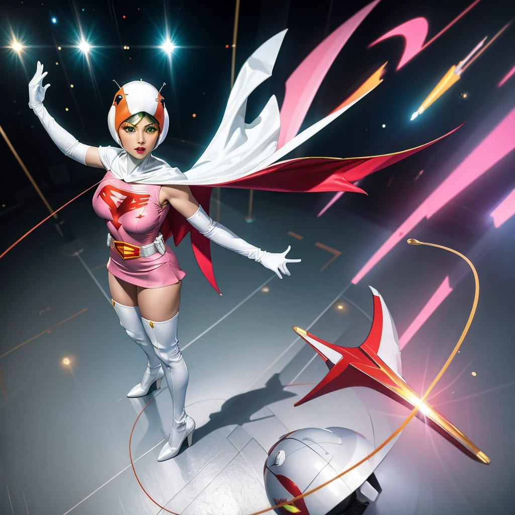 ANI_CLASSIC_jun_gatchaman_ownwaifu,1girl, 15yo,good anatomy, masterpiece, best quality,realistic, hyper realistic, 16k hdr, long hair,breasts,lips,large breasts,lipstick,makeup,gloves,cape,helmet,belt,elbow gloves,white gloves,mask,ultra miniskirt,leotard,spacesuit,white tight overknee highheels boots,pink dress,superhero,bodysuit,cleavage,erected nipples,(fighting poses),cameltoe