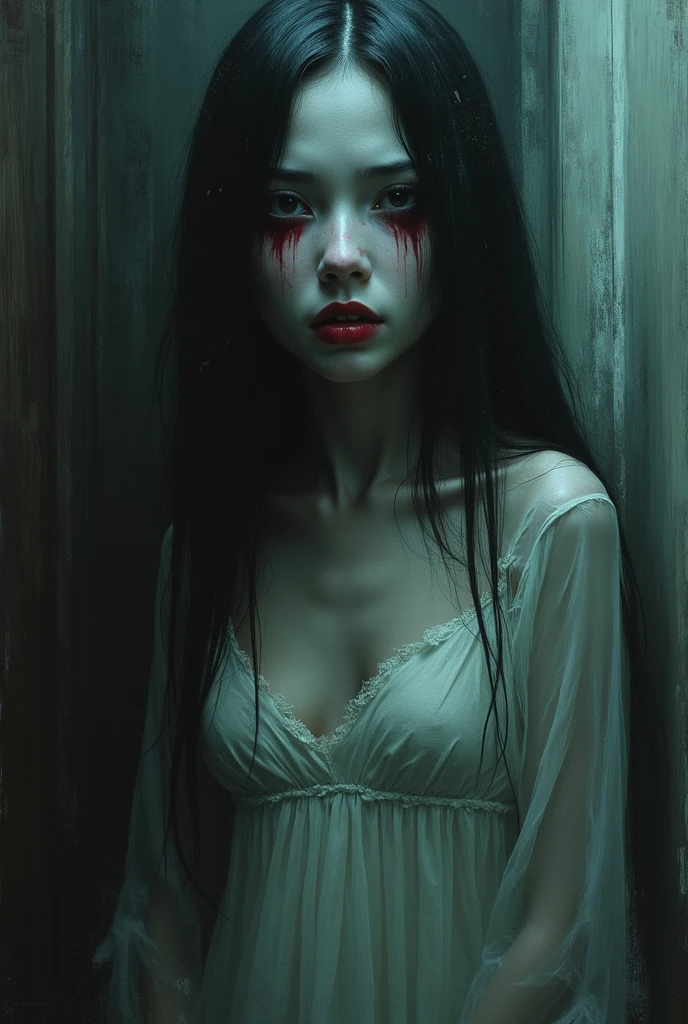 horror, Kuntilanak, very long black hair, Rotten body full of maggots,Slightly red white eyes, scary face,cleavage, plain white long dress with text"LD" small logo red color melting,, dramatic lighting, dark, eerie atmosphere, volumetric lighting, haunting portrait, detailed hair, haunting ghost, Southeast Asian folklore, Indonesian horror, Asian horror, H.R.Giger, Tim Burton, dramatic angle, telephoto lens, dark fantasy, eerie, haunting, creepy, sinister, haunting figure, spooky, highly detailed, photorealis
