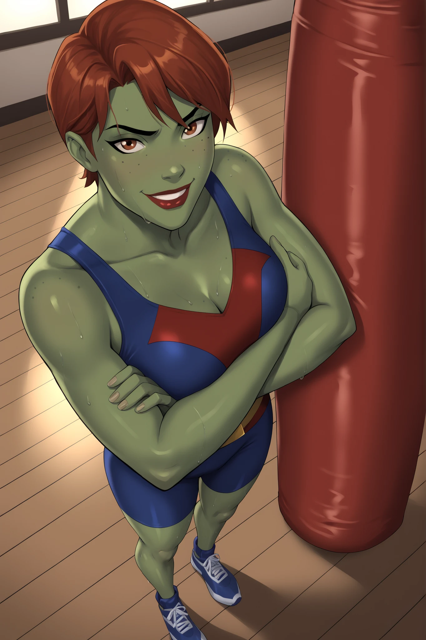 PonyXLV6_Scores BREAK (perfect anatomy, perfect eyes), BREAK mgann morzz, short hair, red hair, colored skin, green skin, freckles, brown eyes, makeup, red lipstick, ((looking at viewer)), superhero, blue racerback sports bra, red spandex shorts, curvy, athletic, standing, indoors, smile, happy expression, gym, punching bag, arms crossed, crossed arms, high-angle view, sweaty, sweat drops