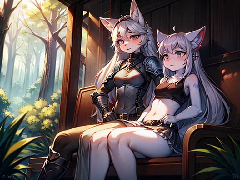 1 fille, Miqo'te Final Fantasy 14, torn garments, Dark Hair, Yeux verts, queue, Couleur brune, tanned skin, Queue de chat; portrait, visage souriant, marque tribale, outdoor scene,