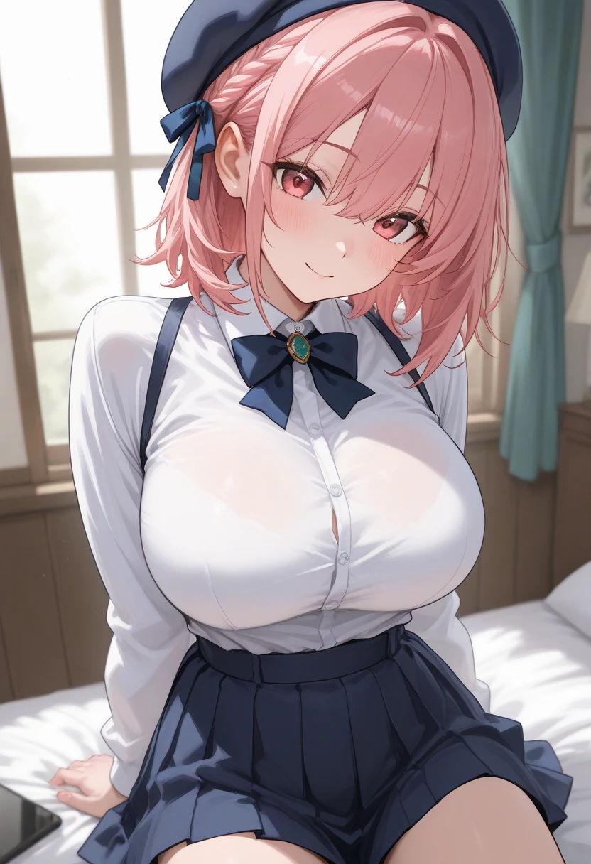2d, masterpiece, best quality, anime, highly detailed face, highly detailed eyes, highly detailed background, perfect lighting, huge breasts, 1girl, solo, , nene_official, bear ears, two side up, corset, cleavage cutout, cutout above navel, underbust, multicolored bow, miniskirt, embarrassed, smile, bedroom ,nsfw,blush