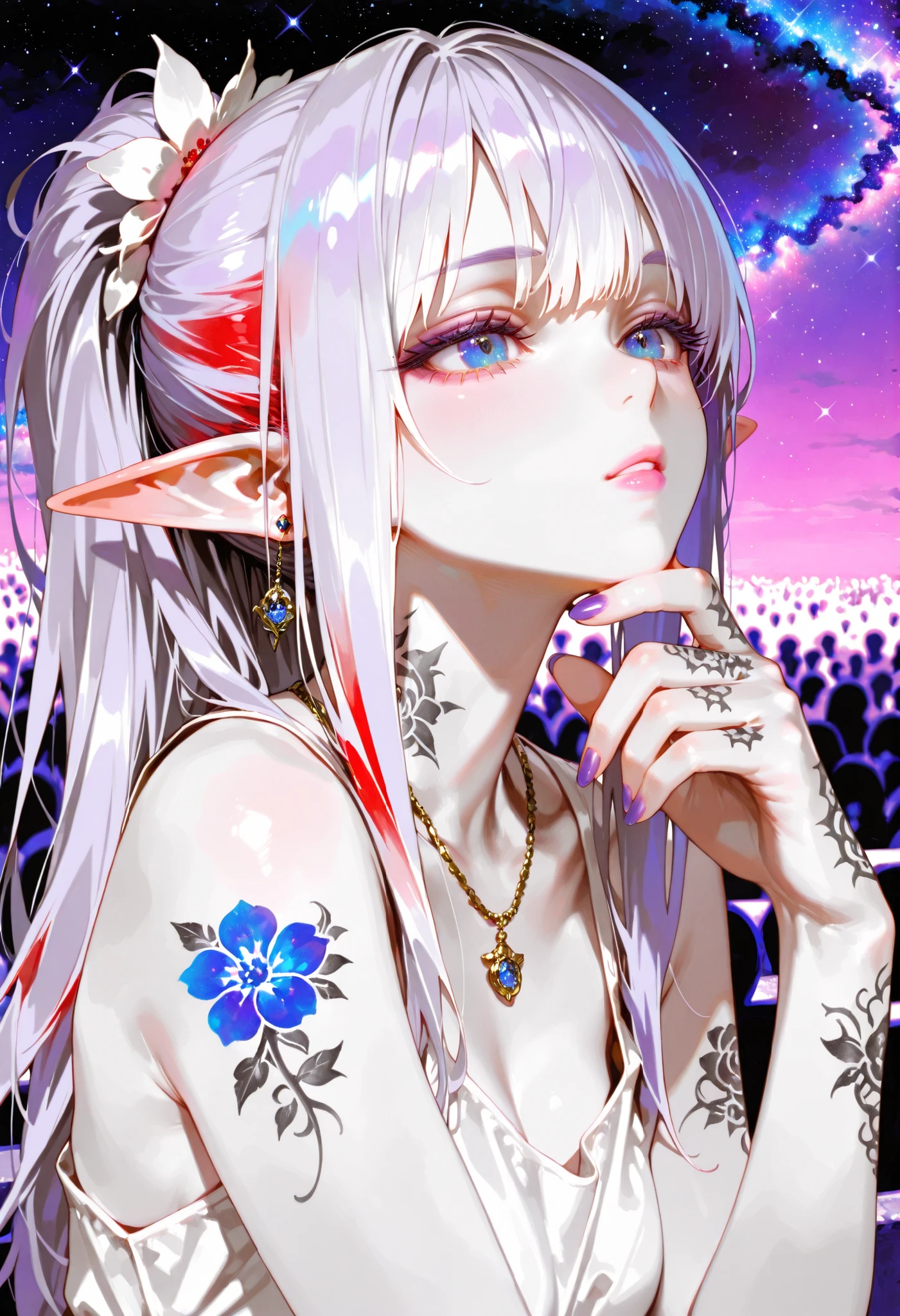 masterpiece,best quality,super resolution,realistic, 8K Ultra HD ,super detailed,depth of field,alone,1 Girl,watching the audience, bangs,Red and white dyed hair,long hair,tall ponytail,The hair between the eyebrows,elf ears, Light purple background ,starry sky background,Blue Eyes,Thick eyelashes,Gentle Gaze,微张双唇,Pink Lips,Jewelry,earrings, necklace,Arm tattoo, Neck Tattoo ,Hand tattoo ,Flower arm tattoo,spot color,white dress,Bare Shoulders,fine fabric folds, Elegant posture ,Raise your hand,Purple nails,fingers placed on chin,warm color,