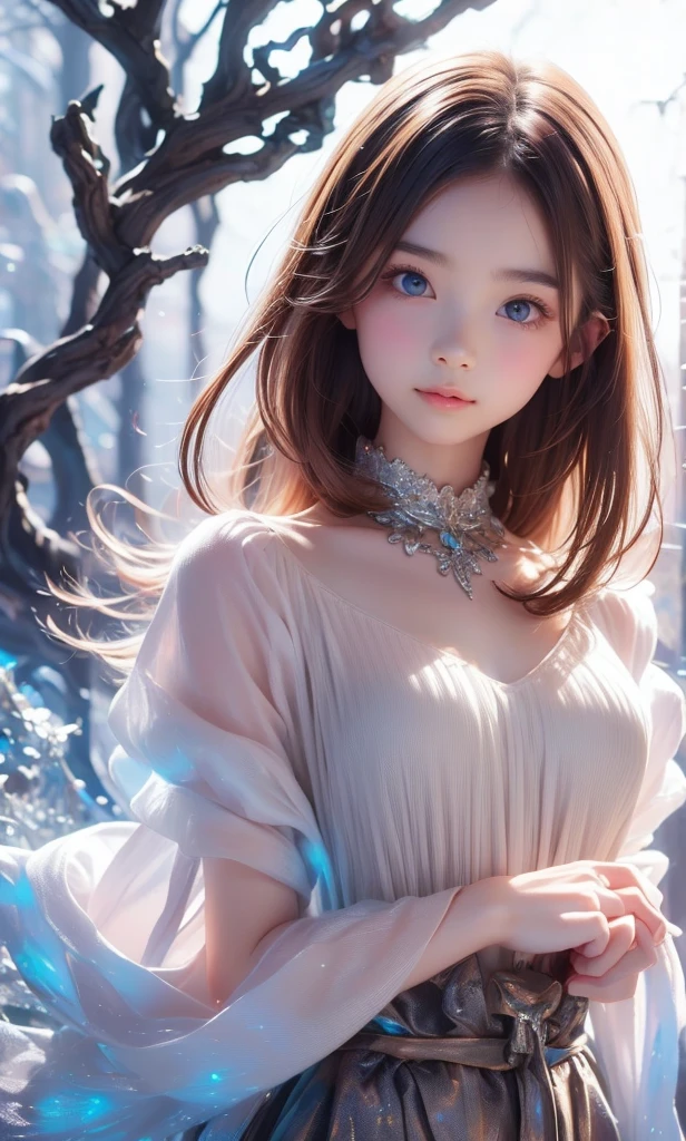 8k,Confused, High resolution, Very detailed, 1 person, alone, Very beautiful eyes, Ultra-precise depiction, artistic、Very detailed depiction, (Tangled:1.2), , (White high key background:1.5), (((White dress with blue flowers 1.5))), 、 short hair、Loose wavy hair、Earrings and Necklaces、Brown Hair, (Glowing Skin), Many colors, , (Shooting from above:1.2),、Flat Body、slim、cute、、Round face、Cast a Shadow、、Smile 1.3、Mid-shot photo、