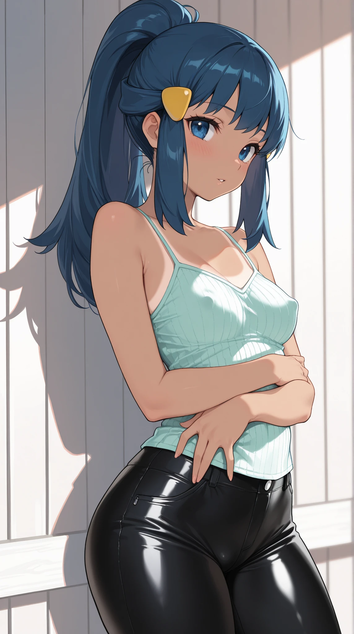 (masterpiece:1.3), (Best Quality:1.3), (Ultra-detailed:1.2), ((kawaii)), Cute, (lovely), ((sexy)), ((Extremely detailed)), 4K, (8K), Best Quality, (Beautiful), Illustration, anime style, (bold line:1.2), Gradation, looking at viewer, //, (bent down:1.1), (arms behind back), //, a cute girl, 1girl, (solo:1.2), gleaming skin, //, (flat chested), (Perfect eyes:1.2), (Perfect iris:1.2), //, darkblue hair color, (beautiful eyes) //, (half closed eyes:1.3), (sexual expression:1.2), Fascinated expression, smile, (blush:1.2), //, modern city bacground, on rock, tank top with skirt, twin tails, muscle girl, hard abs