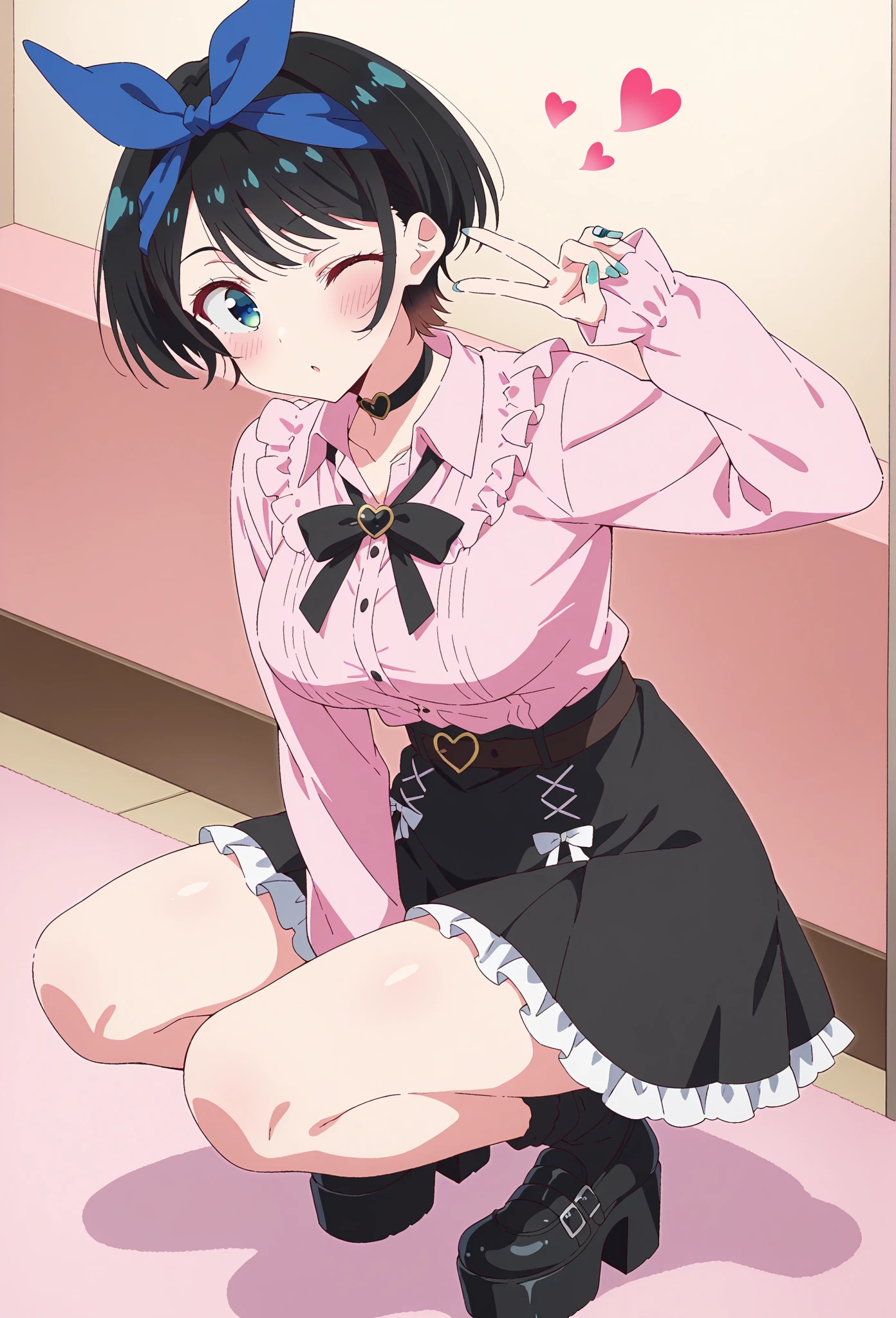 4K,One Girl,slender,Very short stature,Very thin thighs,Blunt bangs,short dress shirt, Half Sleeve,Red suspender mini skirt,blush, smile, Bobcut, Black Hair,Vibrant colors, Ahegao,A lot of love juice drips down her thighs onto the floor,(remote_play)),remote-vibrating-egg,((Someone else's hand holding a pink round remote control:1.3))、Ecstatic expression,Accurate and detailed female fingers,