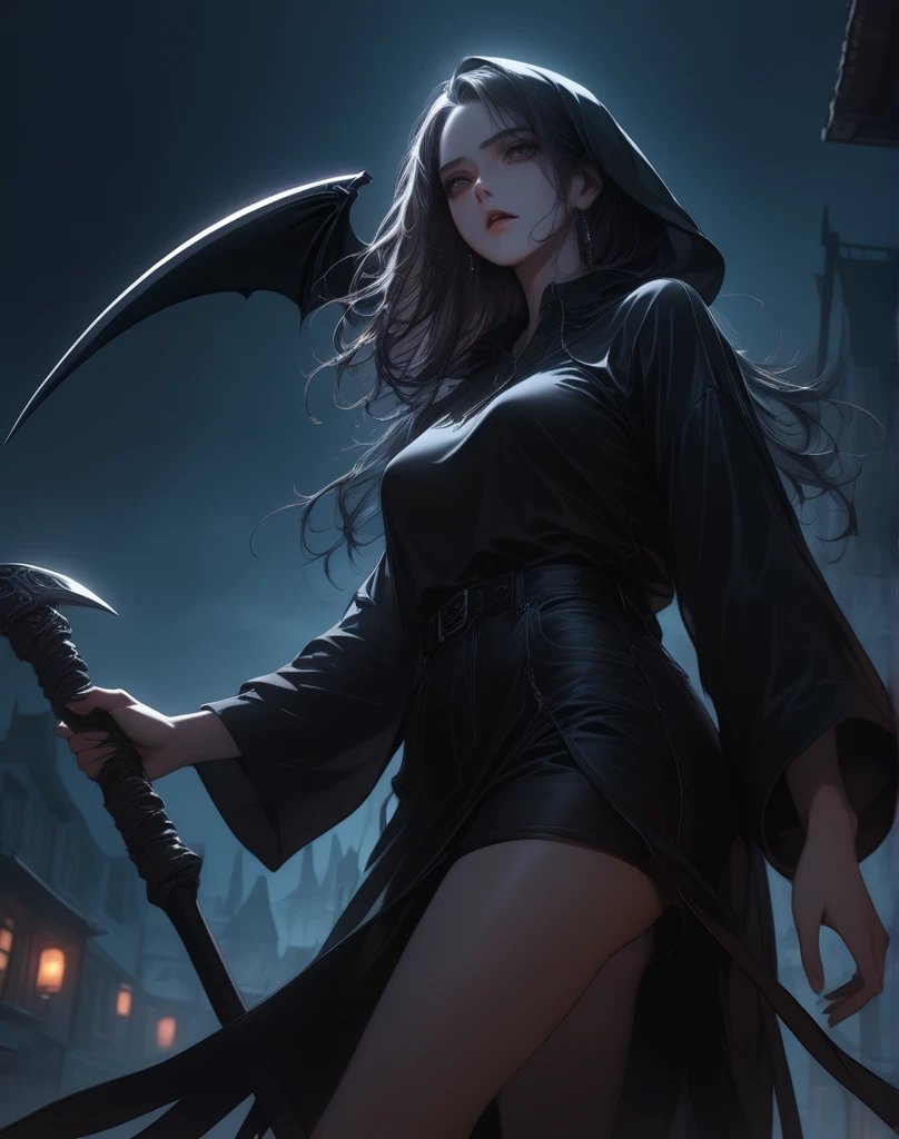 a girl, Grim Reaper, cemetery, (wearing black hooded cape), (black pleated miniskirt with embroidery), death scythe, tombstones, dark night, red full moon, (background with dense fog), (holding large death scythe), list of names crossed out on the tombstone next to it, expression of malice, detailed illustration, (masterpiece: 1.2), (8K, best quality: 1.2), 8K wallpaper, HDR, elaborate assets, octane rendering, (messy hair , shiny black hair: 1.2), (beautiful green eyes and details: 1.3), (intricate details), (red lips, smile, teeth: 1.2), (beautiful face with perfect symmetry), (medium and natural breasts), ( contoured skin shape, correct texture, high details), (realistic natural skin, glowing skin: 1, 2), cinematic lighting, (vivid colors, perfect color tone, realistic), (high resolution: 1.2), (ultra -detailed), Depth of field.