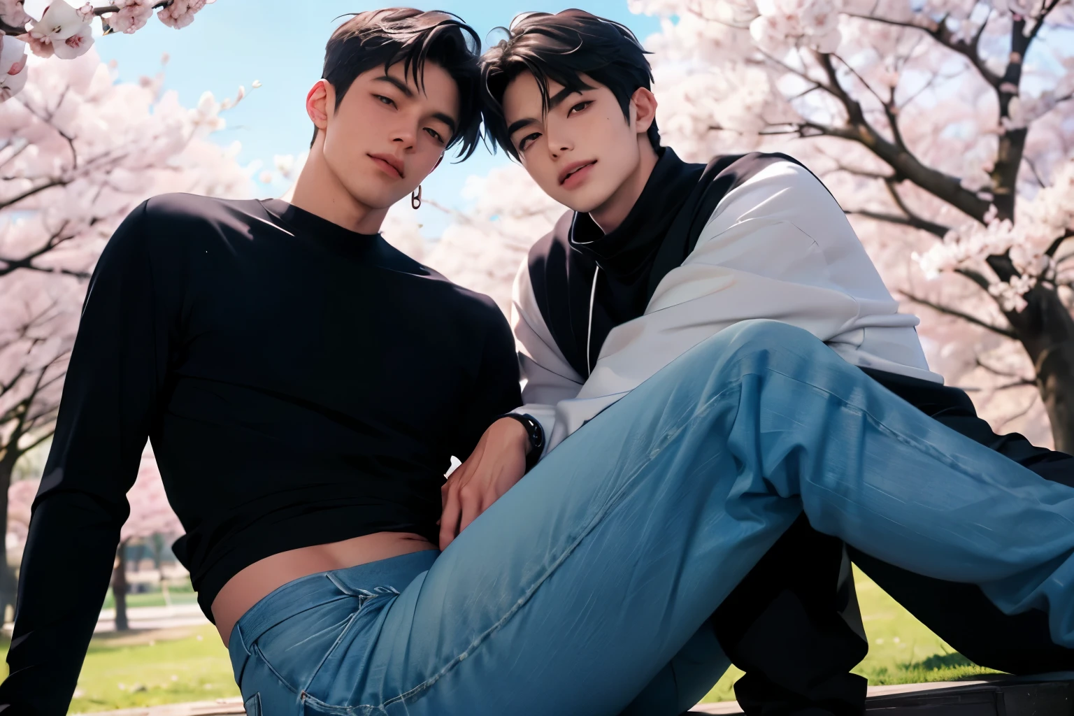 two Japanese men Two handsome guys very short black hair casual blue sky Cherry blossom trees in the background cherry blossoms in full bloom tight long pants Mega Bulge Long Sleeve Touch Two men smile opens legs sit Show me mokkori touch the mokkori Feels so good