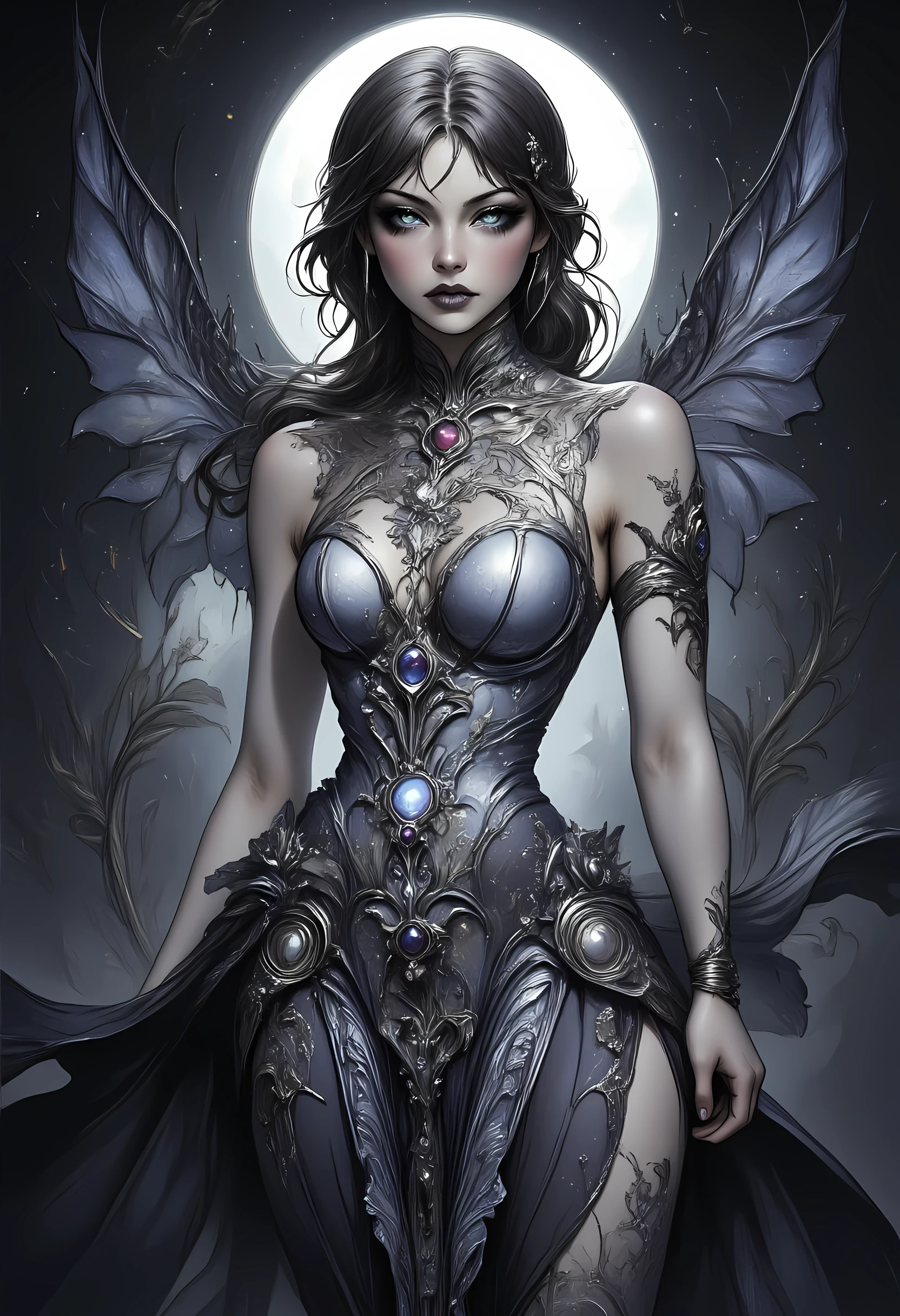 a picture of an epic beautiful female vampire, ghostly beauty, wearing transluminescent dress, black silk dress, intricate dress, transluminescent dress, transparent dress, red sleeves, epic beautiful female vampire, pale skin perfect body, ghostly beauty, serene beauty, lush hair, long hair, red glowing eyes, vampire fangs, stars entwined in the woman's hair, light caress the woman, moon light caress the dress, fantasy art, night time, the moon rises, creating award winning, photorealism, depth of field, hyper realistic, zavy-ctcmcs, Celestial Fantasy, dnddarkestfantasy, Art Deco, hyp3rd3tail style, Ethereal Gothic Elegance