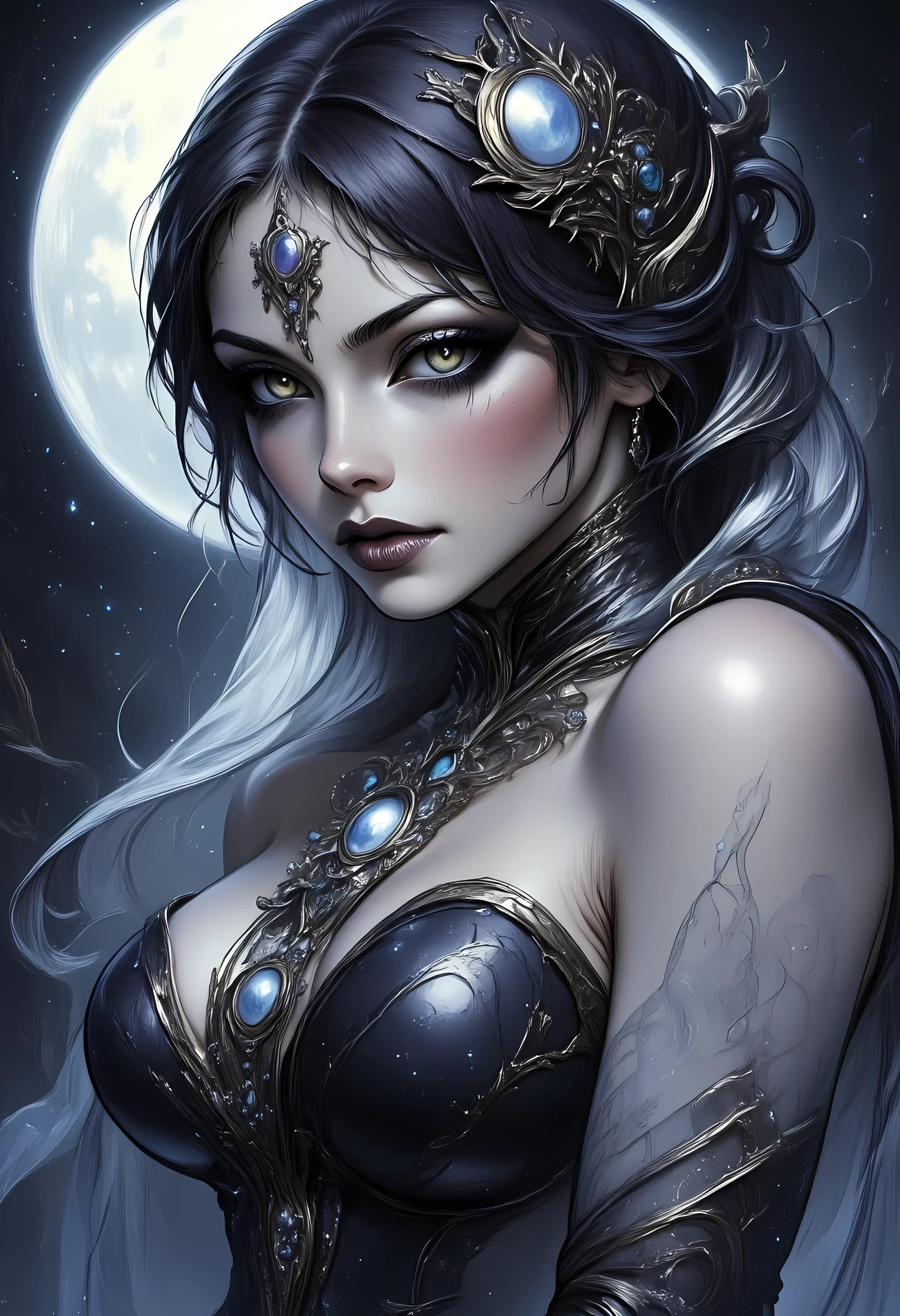 a picture of an epic beautiful female vampire, ghostly beauty, wearing transluminescent dress, black silk dress, intricate dress, transluminescent dress, transparent dress, red sleeves, epic beautiful female vampire, pale skin perfect body, ghostly beauty, serene beauty, lush hair, long hair, red glowing eyes, vampire fangs, stars entwined in the woman's hair, light caress the woman, moon light caress the dress, fantasy art, night time, the moon rises, creating award winning, photorealism, depth of field, hyper realistic, zavy-ctcmcs, Celestial Fantasy, dnddarkestfantasy, Art Deco, hyp3rd3tail style, Ethereal Gothic Elegance