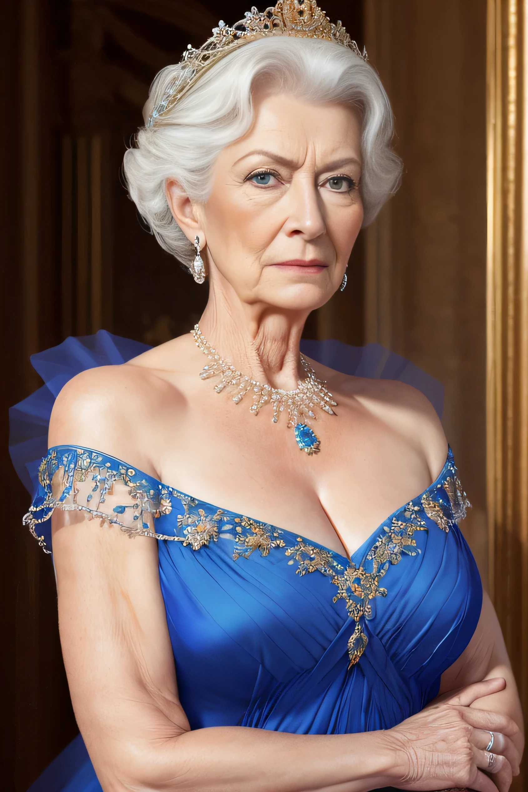 (best quality,4K,8k, HD Images, upper body, Artwork :1.2), very detailed,(realistic,photorealistic,photo-realistic:1.37), hall for people over 60 々Barrel Madame, queen ,Strong expression, ( Nancy Patricia D ..............'Alexander Pelosi:1.1), An elegant person for mature women over 60々 , rich curves, wrinkled face , short hair, Intense aura, Noble Dominance , real faces using AI technology , lingerie , In the bedroom, In the garden, 透けるlingerie , Wearing panties, from behind make me see your bra, is nice, I' I'm looking forward to it , 後ろから見せてIにお尻を