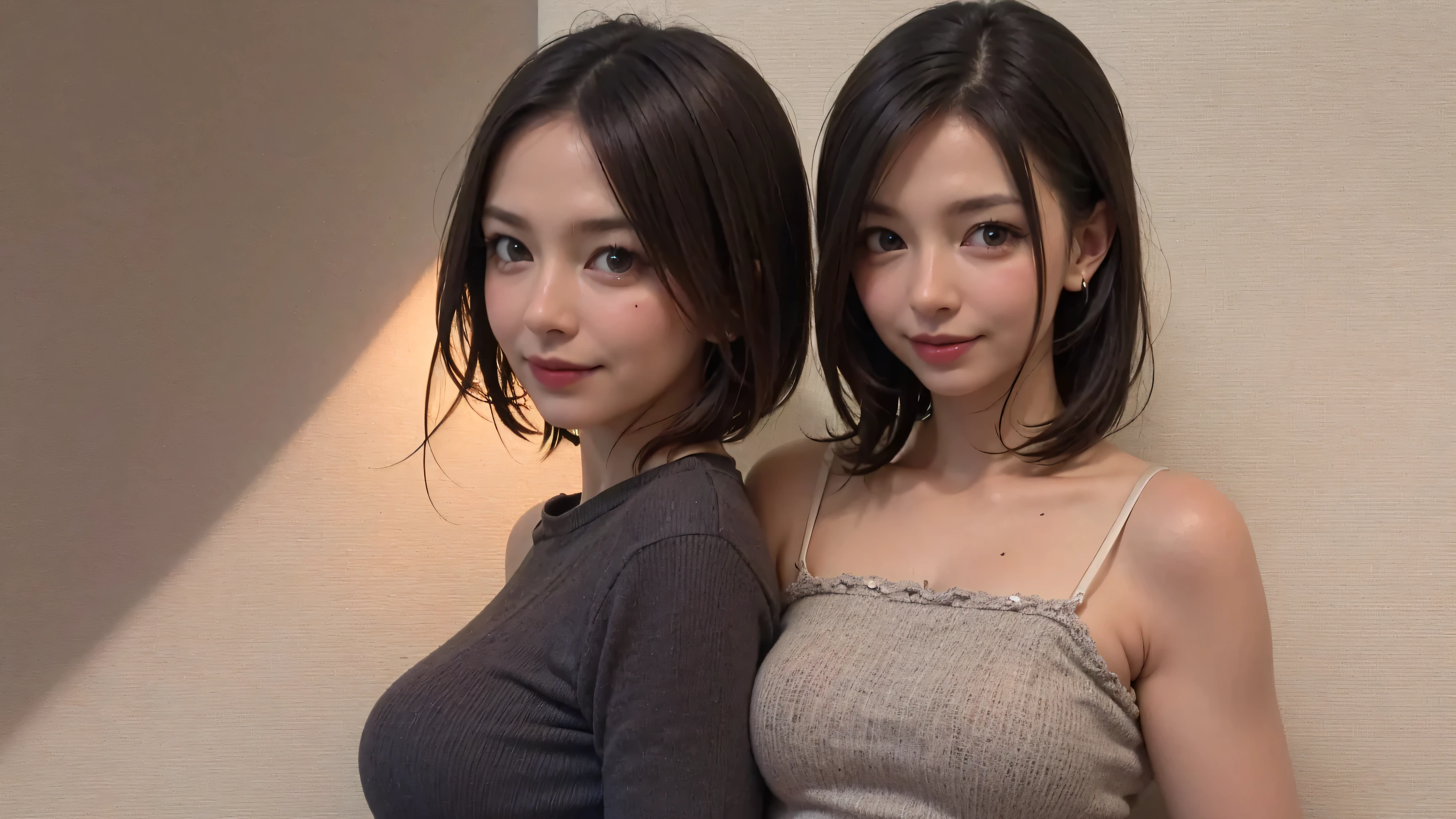 very high quality、be familiar with、Two Japanese women with beautiful faces like actresses、18 ～ Random age over 35、A little plump、Short hair1 person、1 person with ponytail、black hair、Completely naked、thin camisole、Bedroom、look at the camera、attractive appearance、light smile、half open mouth、expression of ecstasy、blush、Fingers touching each other&#39;s chests、wet skin、wet hair