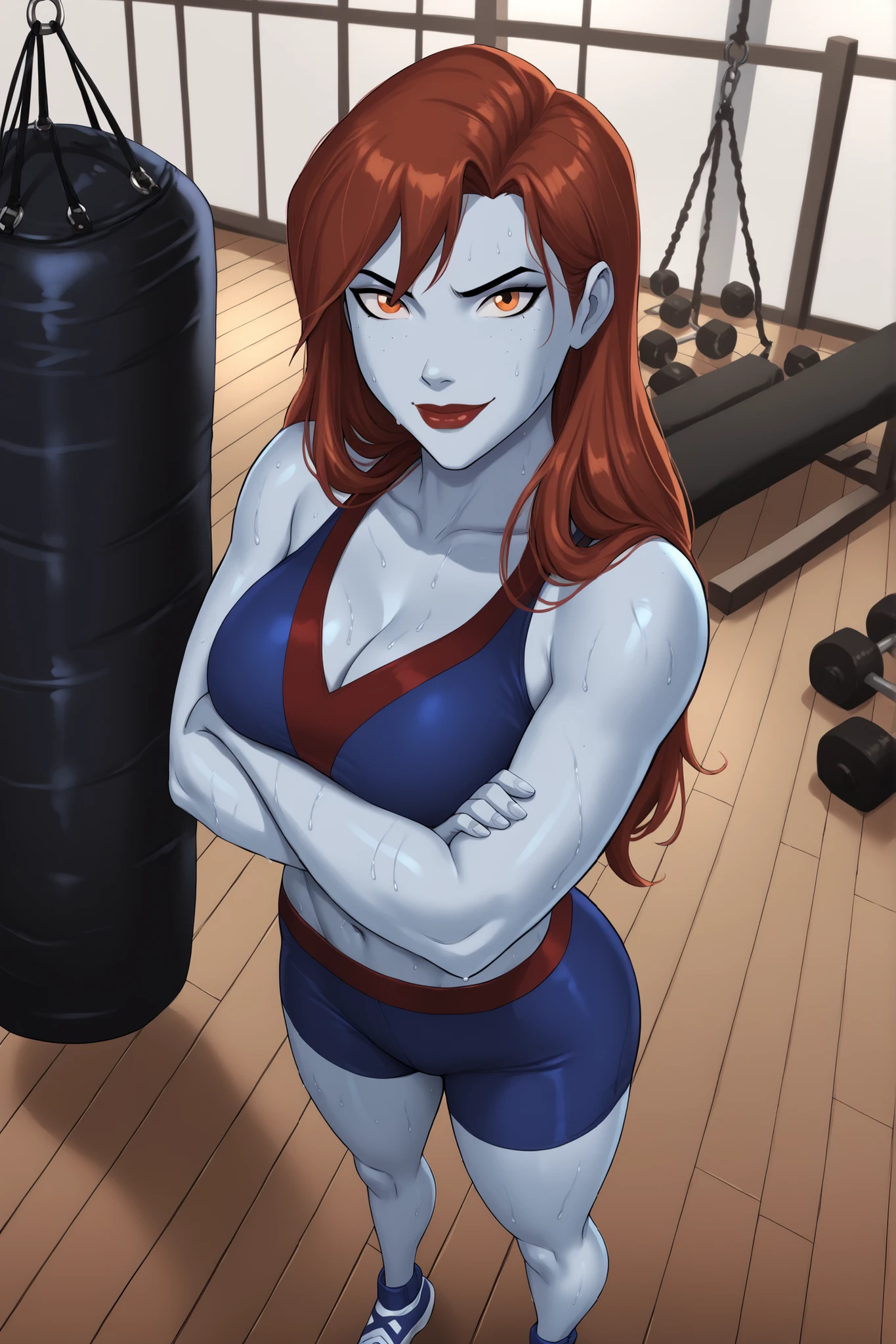 PonyXLV6_Scores BREAK (perfect anatomy, perfect eyes), BREAK mgann morzz, long hair, red hair, colored skin, frost white skin, orange eyes, makeup, dark red lipstick, ((looking at viewer)), superhero, blue racerback sports bra, red spandex shorts, curvy, athletic, large breasts, indoors, smile, gym, punching bag, happy expression, standing, arms crossed, crossed arms, closed mouth, high-angle view, sweaty, sweat drops