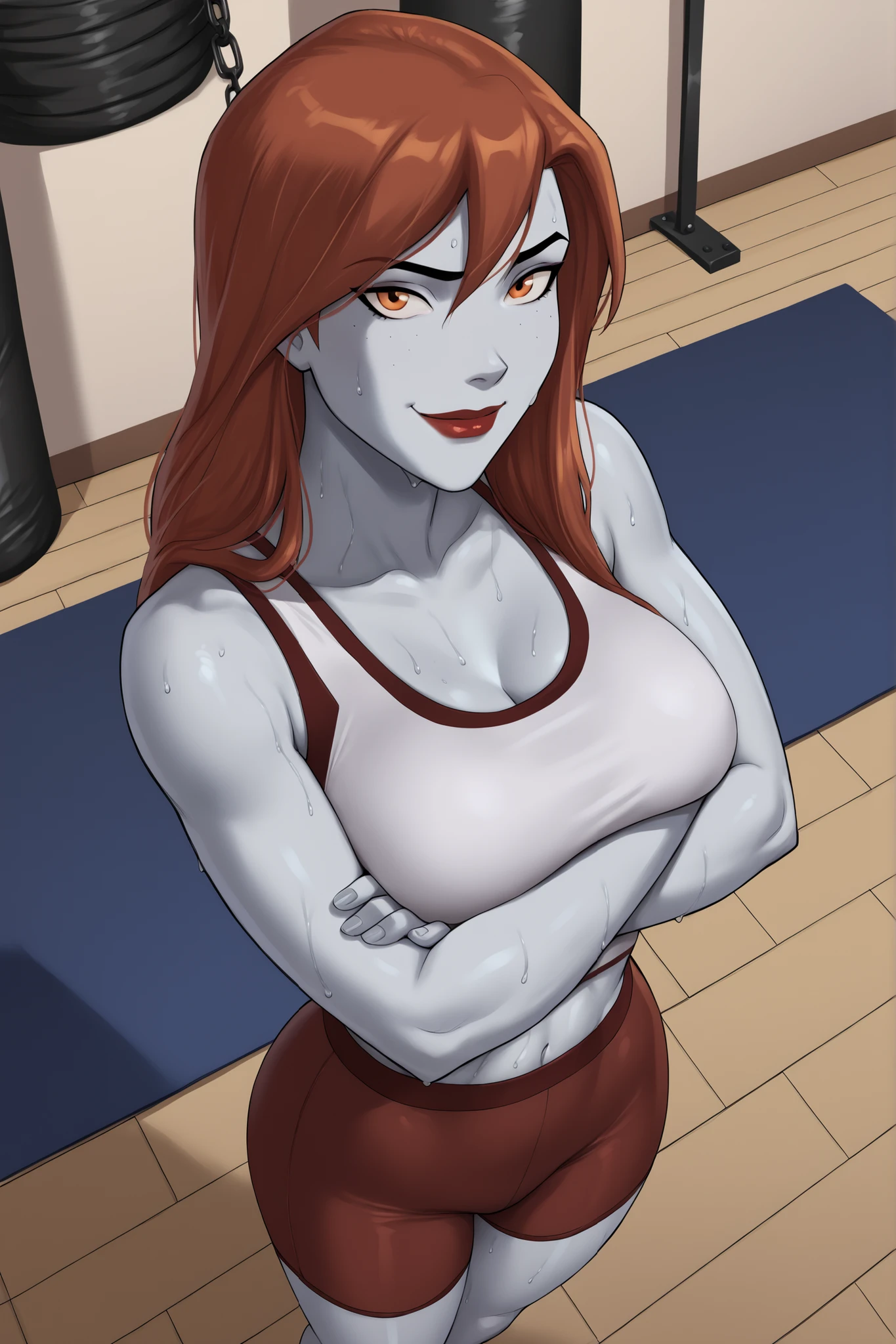 PonyXLV6_Scores BREAK (perfect anatomy, perfect eyes), BREAK mgann morzz, long hair, red hair, colored skin, frost white skin, orange eyes, makeup, dark red lipstick, ((looking at viewer)), superhero, blue racerback sports bra, red spandex shorts, curvy, athletic, large breasts, indoors, smile, gym, punching bag, happy expression, standing, arms crossed, crossed arms, closed mouth, high-angle view, sweaty, sweat drops