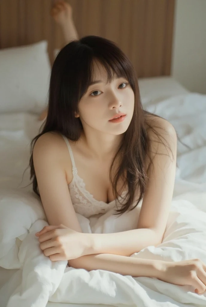 ((highest quality, masterpiece :1.3)), Photorealistic、Ultra-high resolution、Natural skin texture、Hyperrealism、Near Movies、Beautiful Japanese girl in her early teens、One girl、Tight inner shirt、Lying in bed、Frightened expression、Tears flowing
