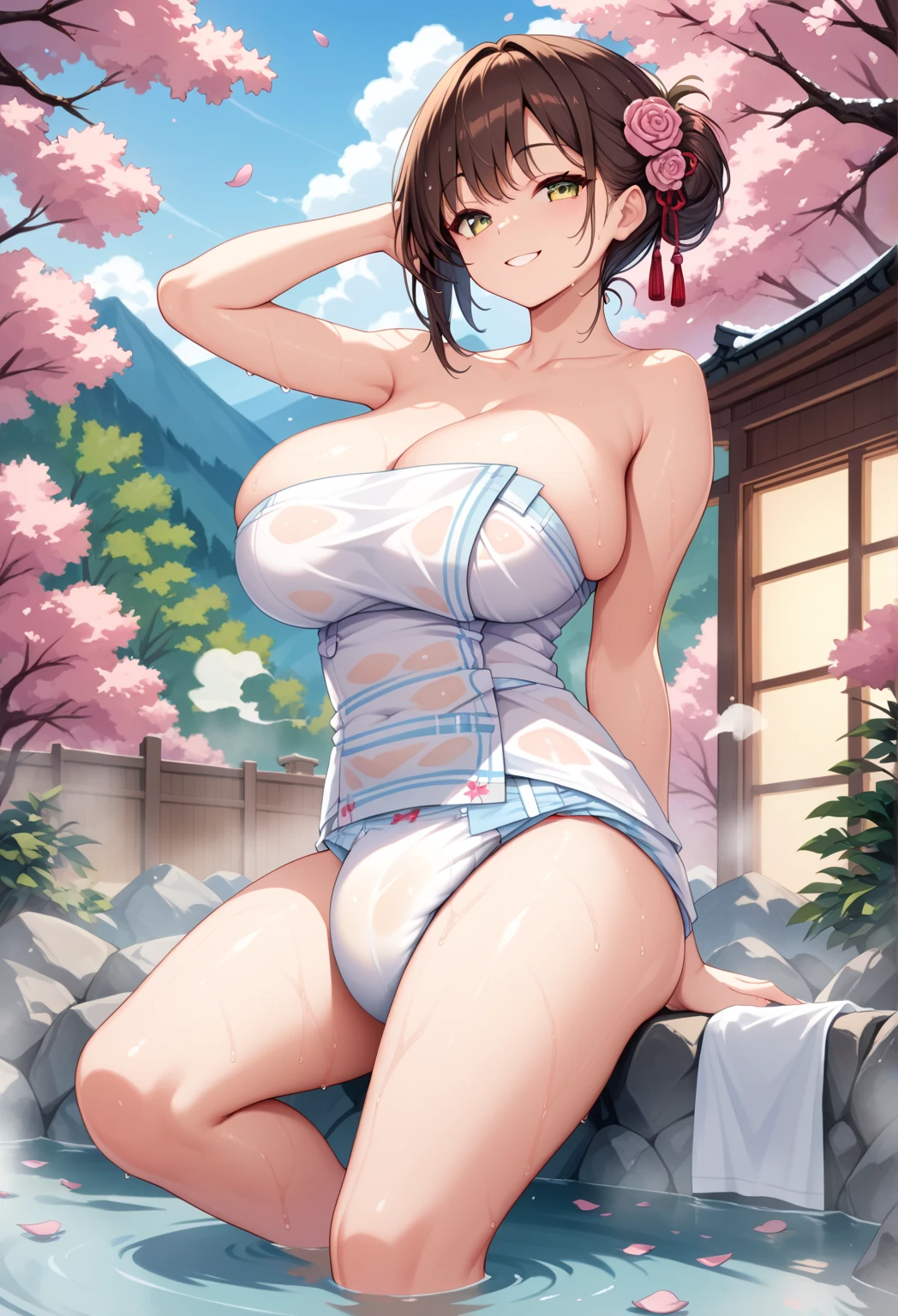 8k quality,hdr,sunlight,full body,Solo girl, naked girl, black hair, ponytail hair, medium hair,cute face, crazy smile face, pink eyes,(heart-shaped pupils:1.1), ultra hd, hearts in eyes,pink panty, without bra, big breast, extra large nipples, big ass, cute pussy,white stockings,thick outline,without dress, sexy figure, pink lips,View your viewers,on high school garden