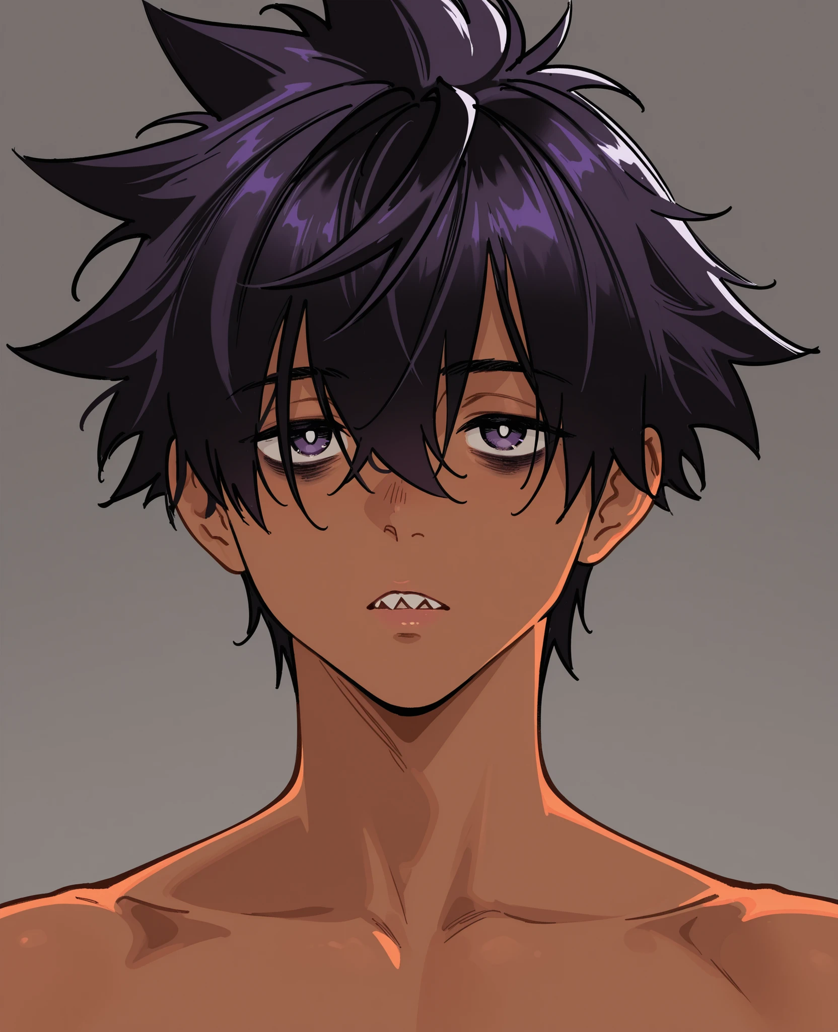 by snegovski, 1boy, dark purple eyes, dark skin, black hair, tareme, spiked hair, hair over eyes, unkempt, bags under eyes, white pupils, sharp teeth, naked, portrait, looking at viewer, bored, parted lips, tired, grey background, masterpiece, best quality, amazing quality