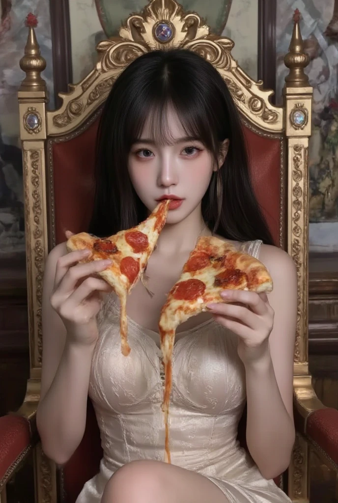 a beautifull woman hungry eating pizza, excited, big smile, with manners elegantly, bell necklace, masterpiece, best quality:1.2),,(8k,highres,RAW photo,realistic,photo-realistic:1.3),(detailed skin texture,detailed cloth texture,beautiful detailed face:1.25),professional lighting,photon mapping,beautiful soft light,radiosity,physically-based rendering,raytracing, model shoot style, model shoot style, (extremely detailed CG unity 8k wallpaper), full shot body photo of the most beautiful artwork in the world, (((nsfw))), ((nipples show under clothes)), ((no bra)), (nipples hard), (standing nipples)