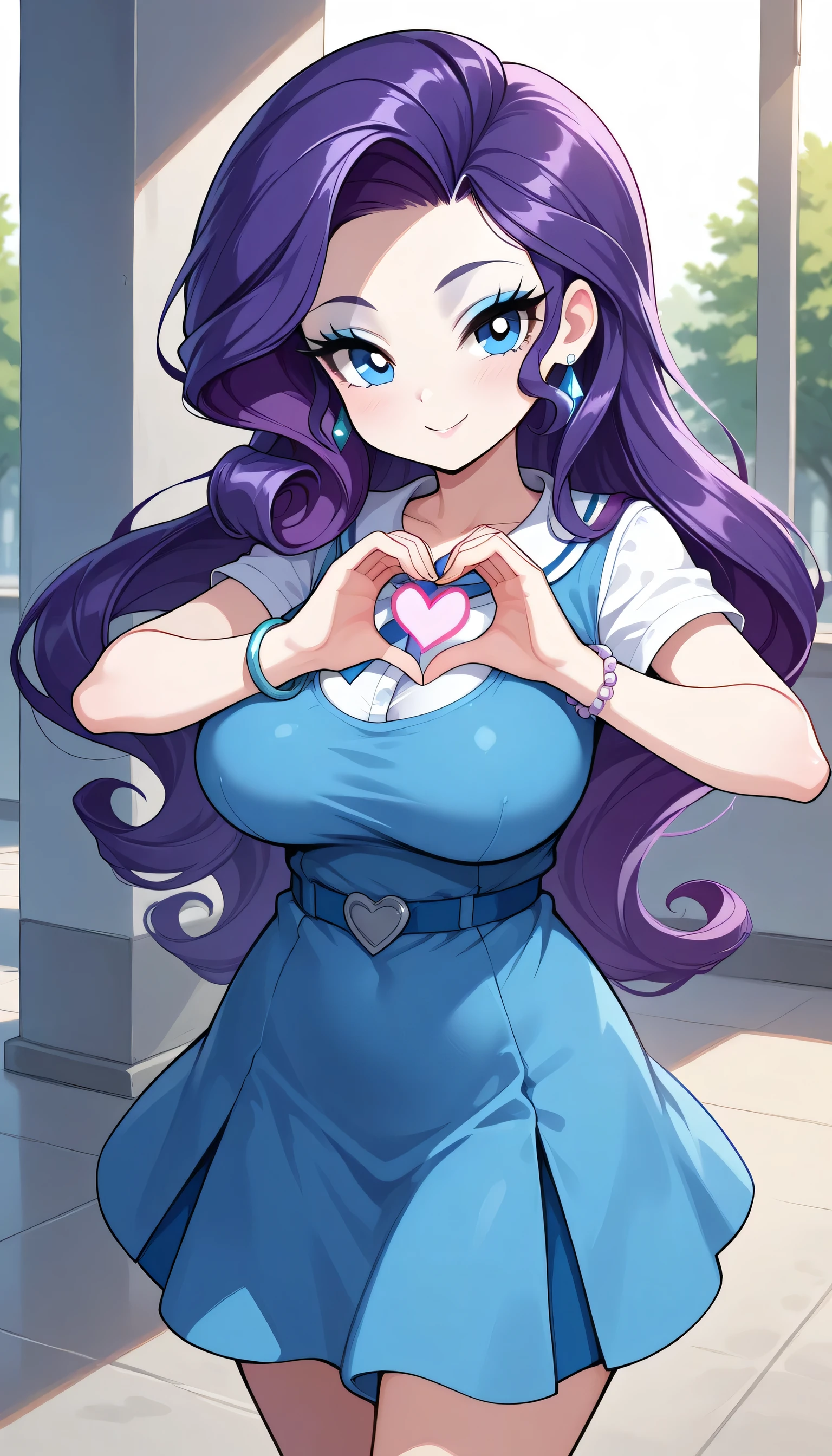 solo, heart, , heart_hands, looking_at_viewer, smile,large breast,Outside school ,rarity, equestria girls, bracelet, clothing, dress, woman, shielding geode,